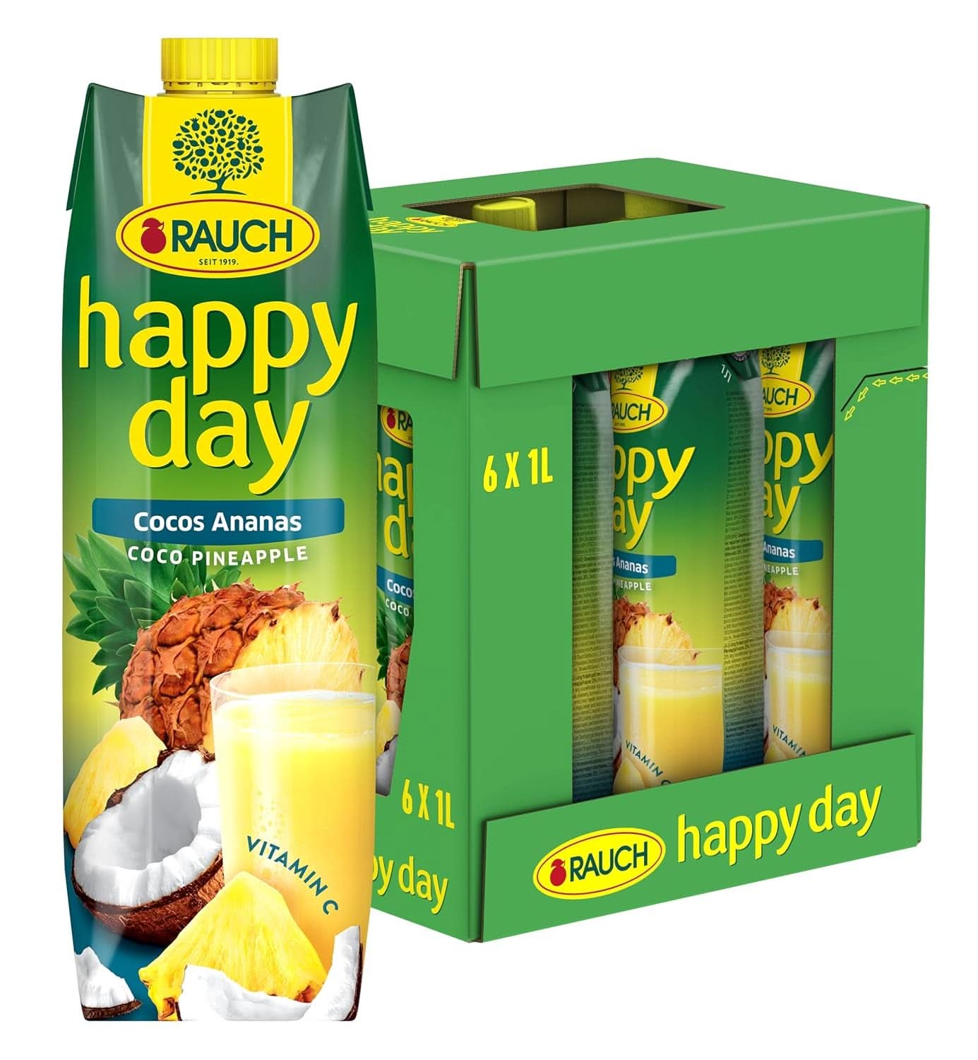 Rauch Happy Day Coco-Piña | Un viaje al Caribe | Zumo de piña y agua de coco | 6 x 1 litro, Tetra Prisma Bebidas sin alcohol Naty Shop