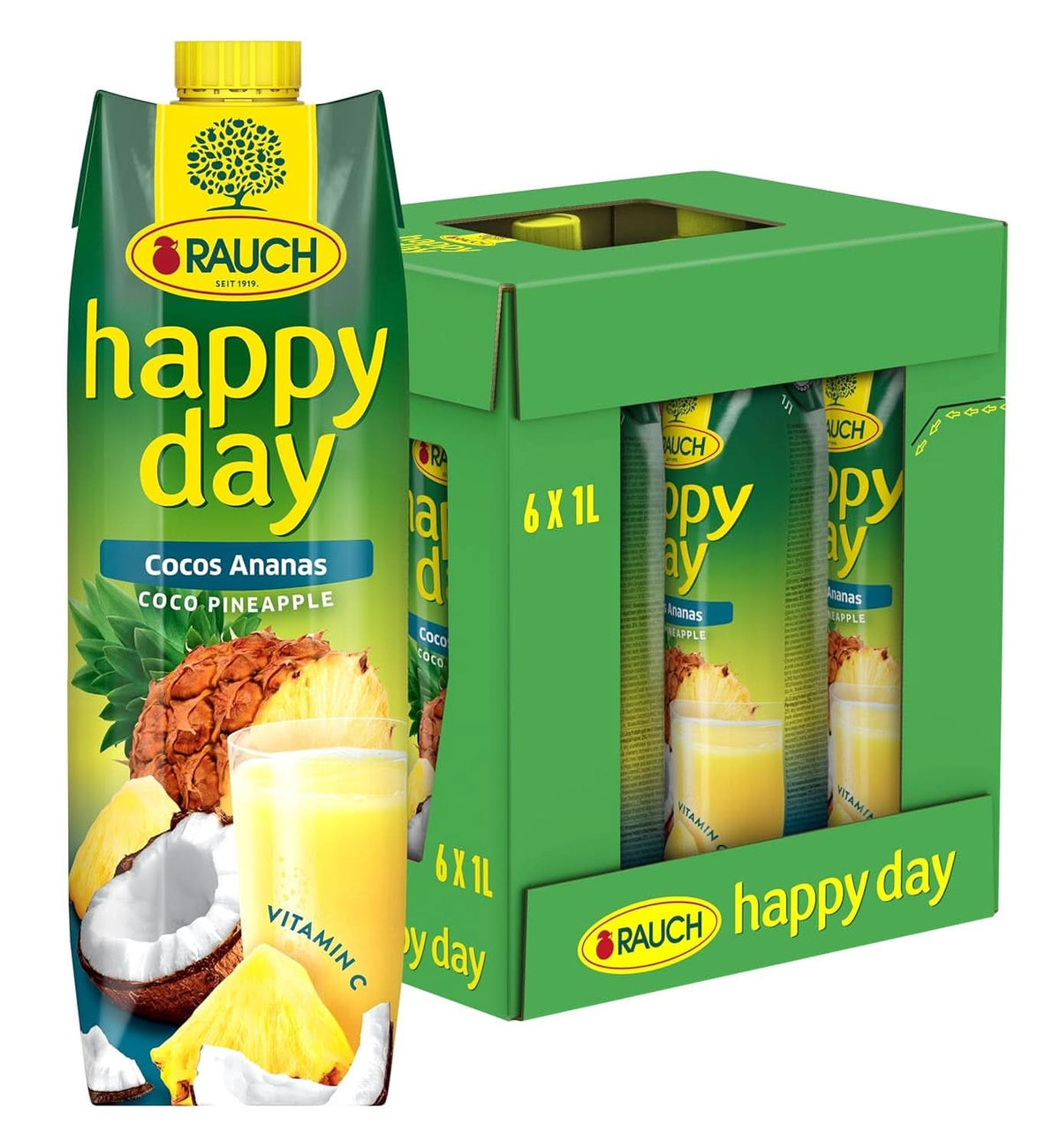 Rauch Happy Day Coco-Piña | Un viaje al Caribe | Zumo de piña y agua de coco | 6 x 1 litro, Tetra Prisma Bebidas sin alcohol Naty Shop