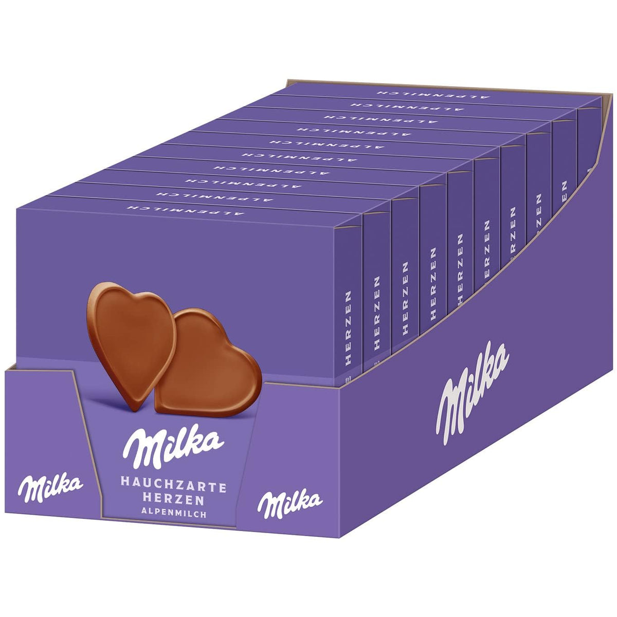 Milka I love Milka Hearts – Chocolate con leche alpino que se deshace en la boca y finas avellanas del bosque – 10 x 130 g