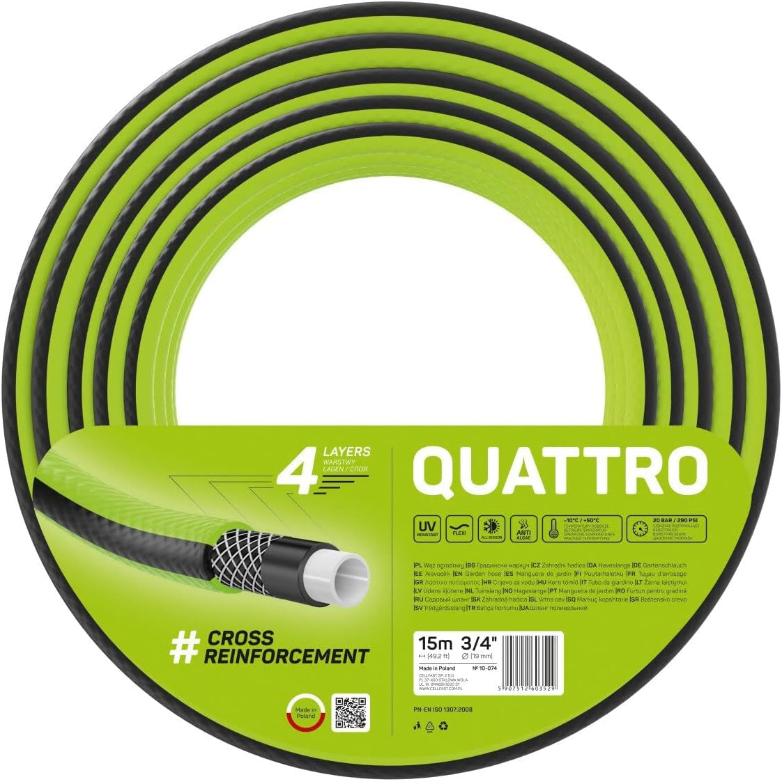 Furtun de grădină Cellfast QUATTRO, durabil, ușor, cu 4 straturi, rezistent la UV, furtun din fire, împletitură încrucișată, 20 bar, 3/4" 15m, 10-074