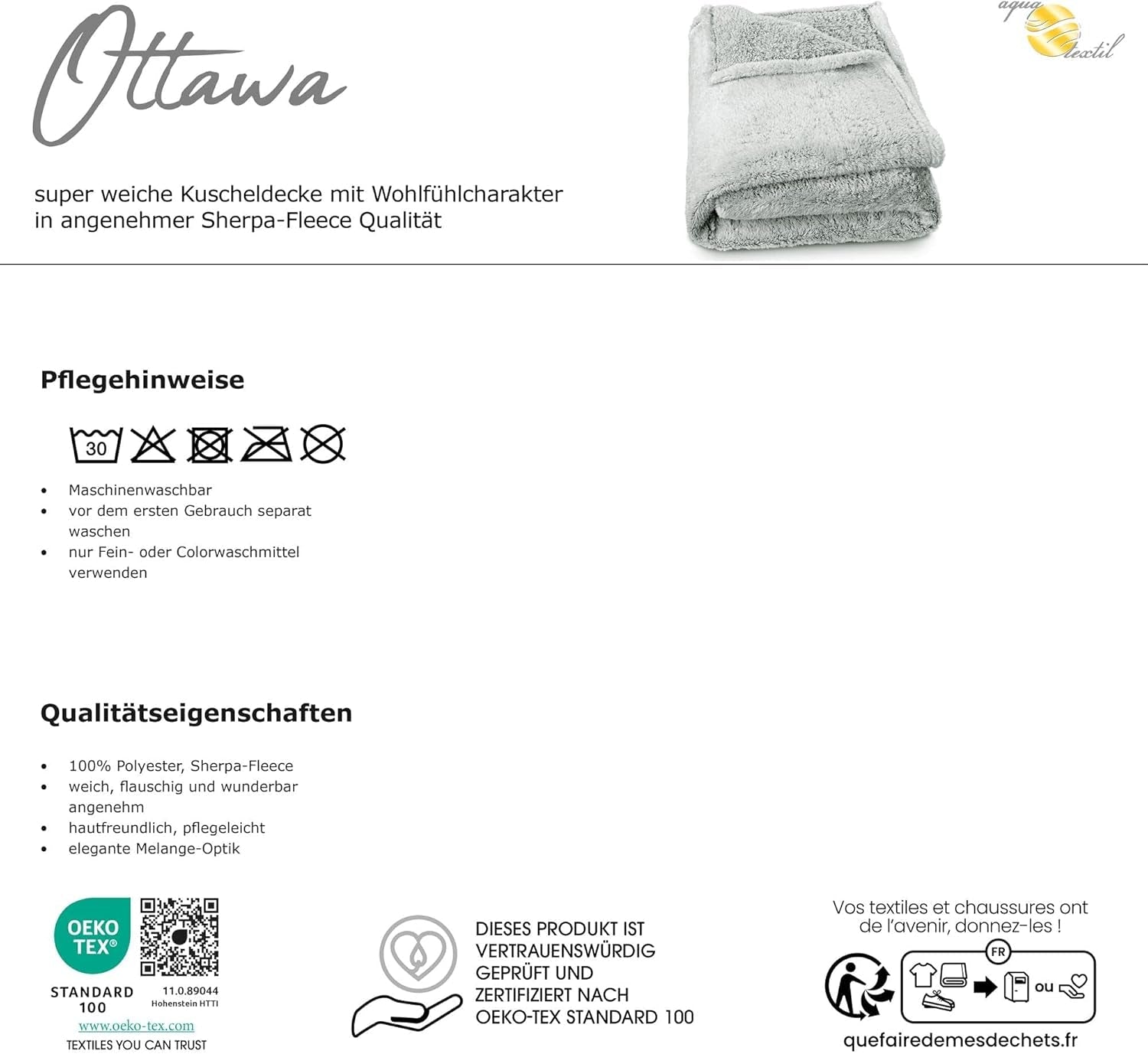 Aqua-Textil Manta de peluche mullida 150 x 200 cm Gris blanco Melange Felpa Manta para la televisión Colcha Sherpa Fleece Oeko-Tex Ottawa Camas y mantas Besuche den aqua-textil-Store