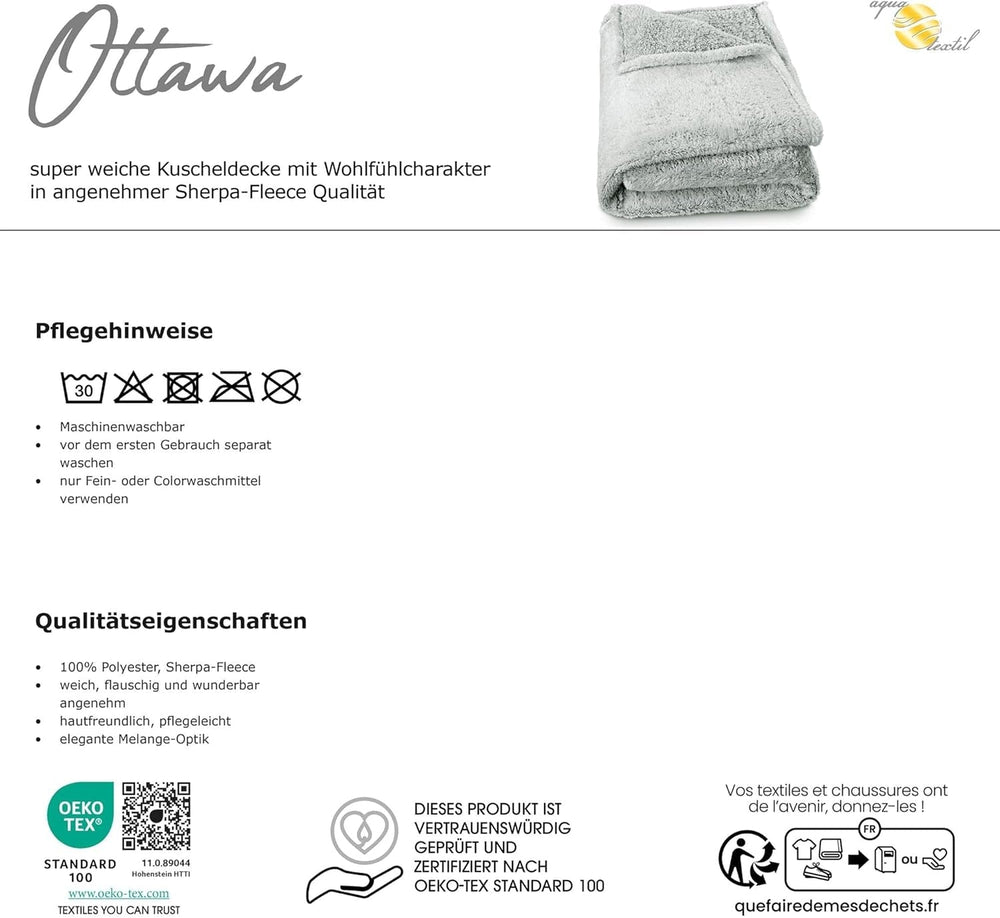 Aqua-Textil Manta de peluche mullida 150 x 200 cm Gris blanco Melange Felpa Manta para la televisión Colcha Sherpa Fleece Oeko-Tex Ottawa Camas y mantas Besuche den aqua-textil-Store