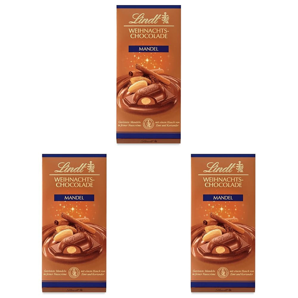 Barra de chocolate con almendras navideñas Lindt | 100 gramos | Almendras en crema de nueces recubiertas del más fino chocolate con leche | regalo de chocolate de navidad