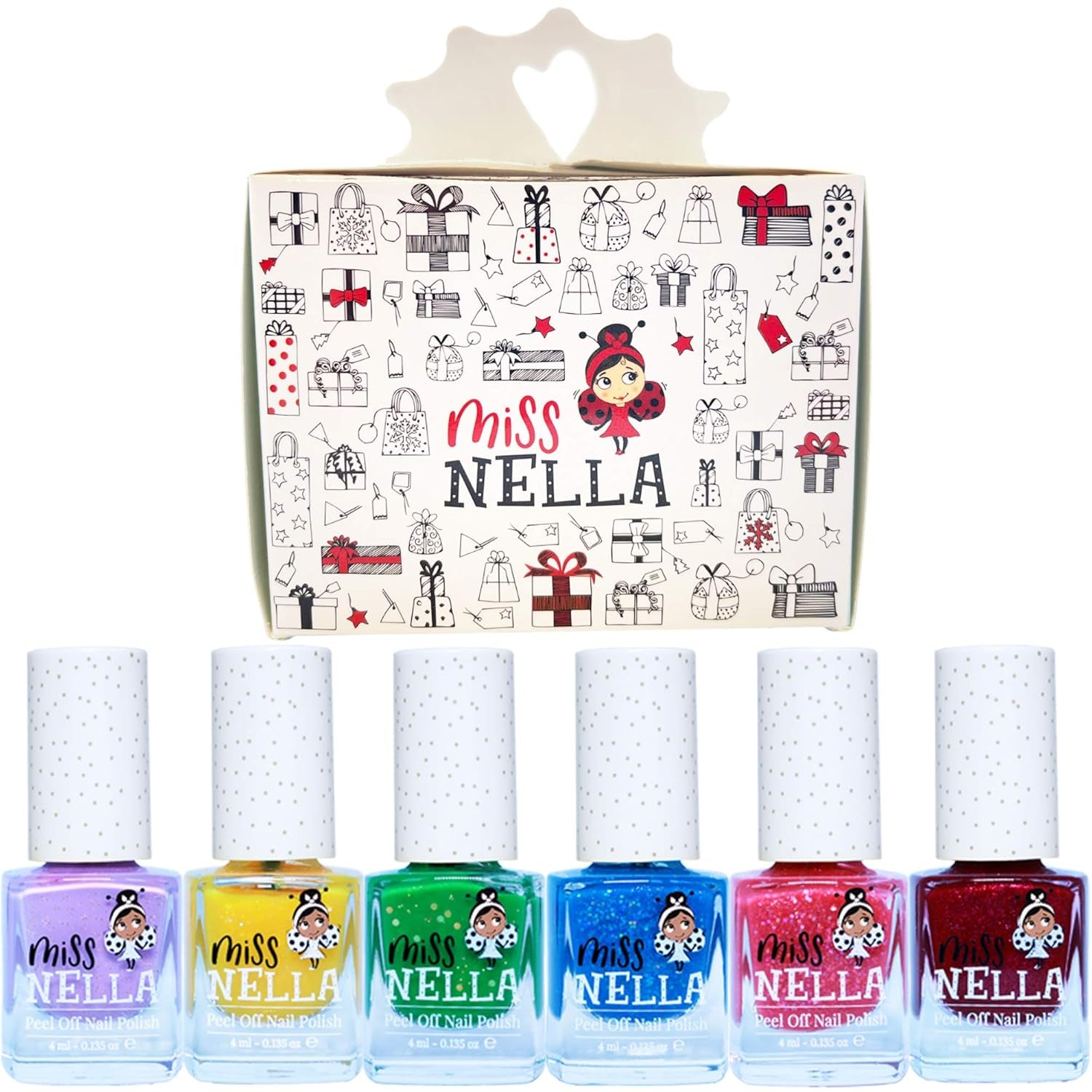 Miss Nella Magic Collection Juego de 4 esmaltes de uñas con purpurina: rosa, rojo, dorado y azul, esmalte de uñas extraíble especial para niños, no tóxico, a base de agua, inodoro