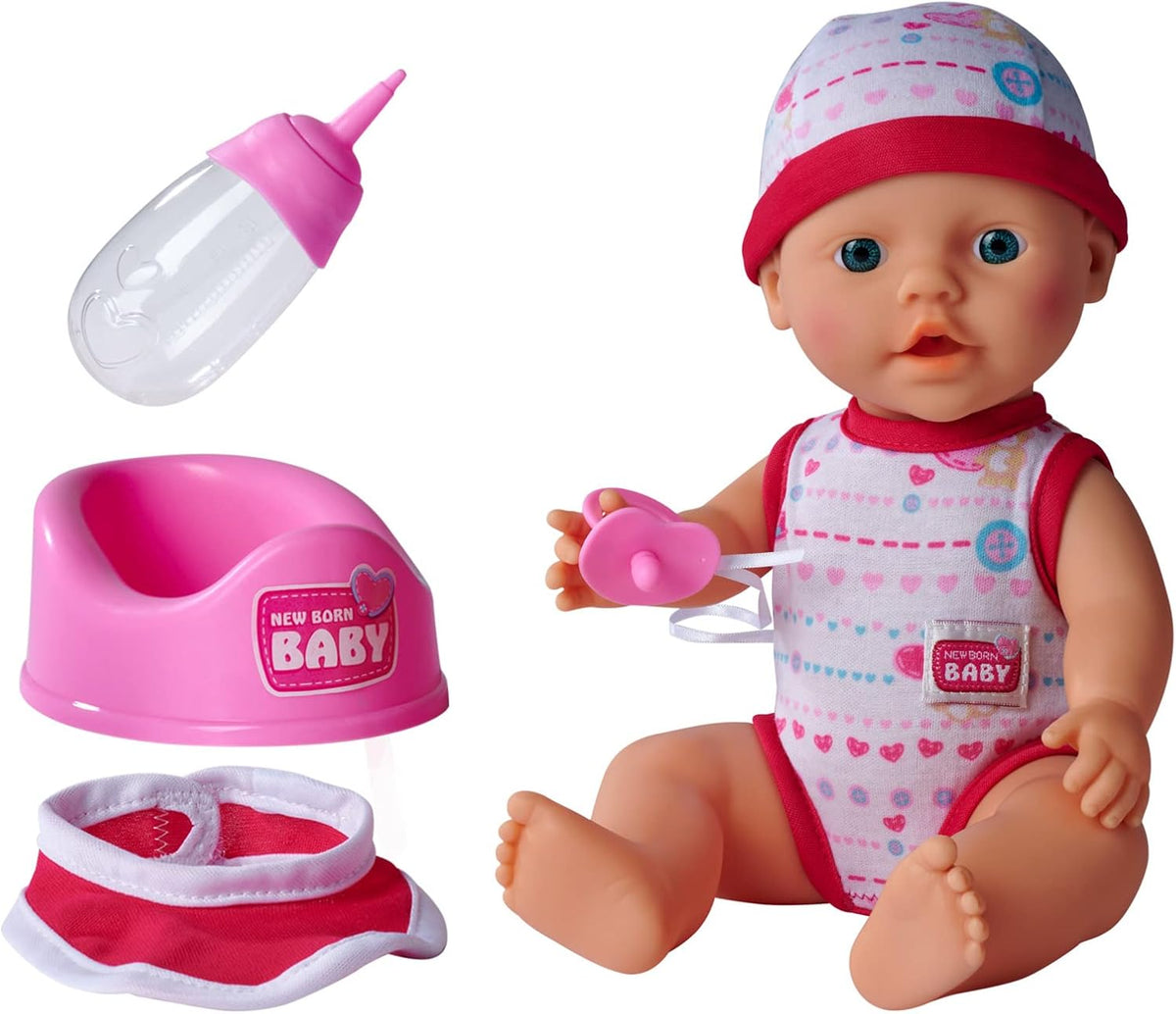 Simba 105037800 - Conjunto para bebé recién nacido, 2 unidades, es un artículo geliefert, vollvinylpuppe mit Trink- und Nässfunktion, chupete, botella, tapa y Lätzchen, 30cm, ab 3 Jahren