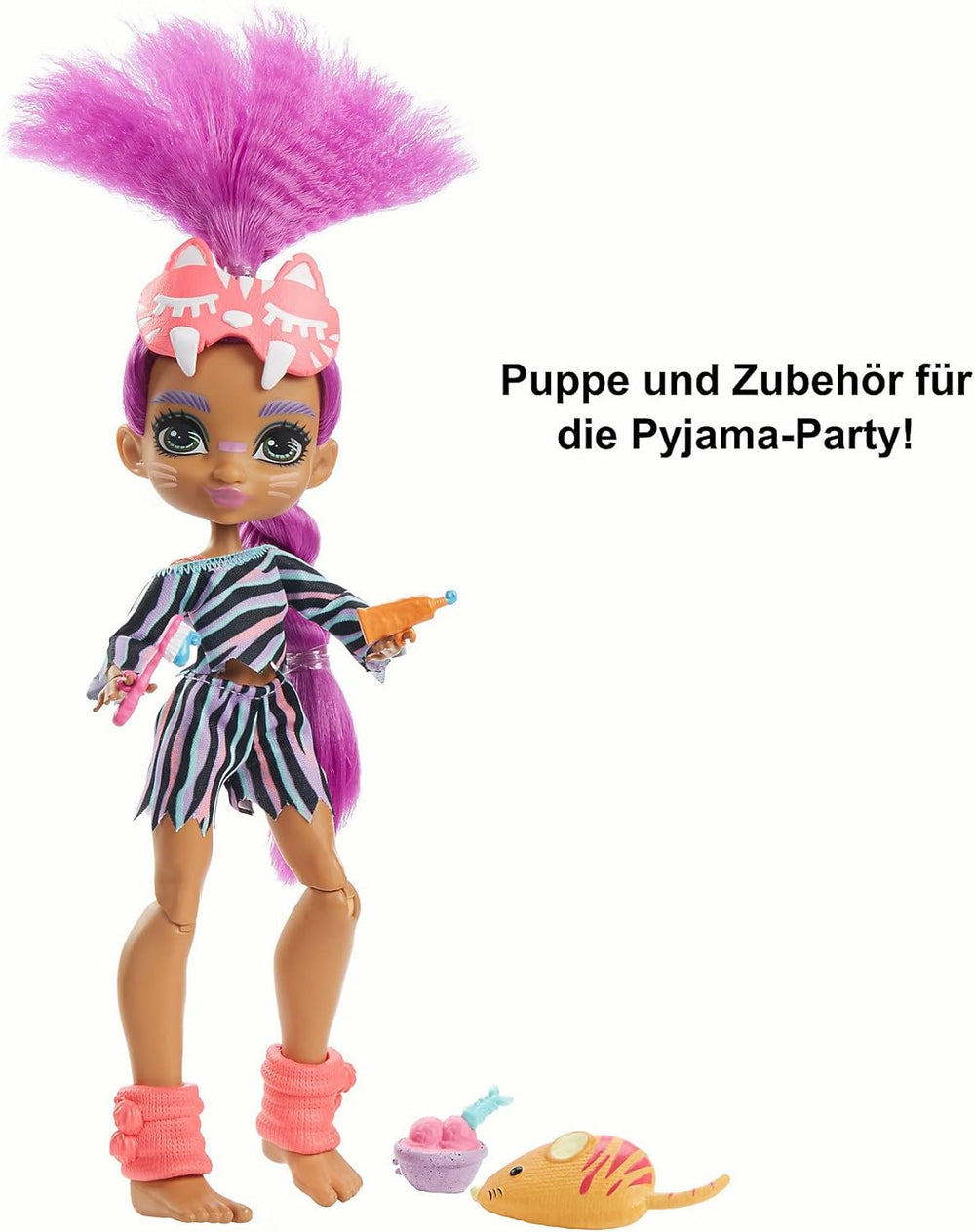 Cave Club GTH02 - Păpușa Roaralai Pijama Party Fun, păpușă articulată cu păr mov și accesorii, cadou pentru copii cu vârsta de 4 ani și peste, multicoloră