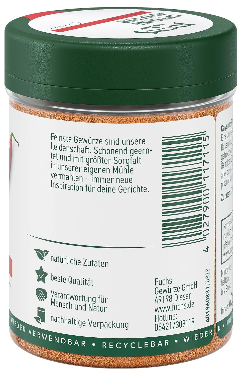 Fuchs Gewürze - Gemahlen de pimienta de cayena - para einen scharfen Geschmack en todo tipo de platos - ingredientes naturales - 60 g en wiederverwendbarer, recyclebarer Dosis