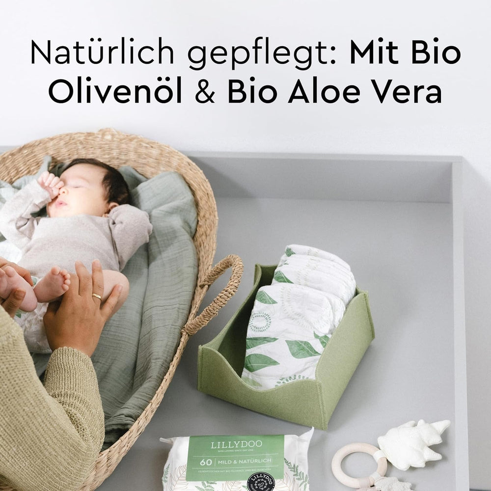 Șervețele umede LILLYDOO verzi, 600 bucăți (10 x 60), șervețel 100% fără plastic, rezistent la rupere - fără parfum, delicate și naturale, curățare delicată pentru pielea sensibilă, testate dermatologic