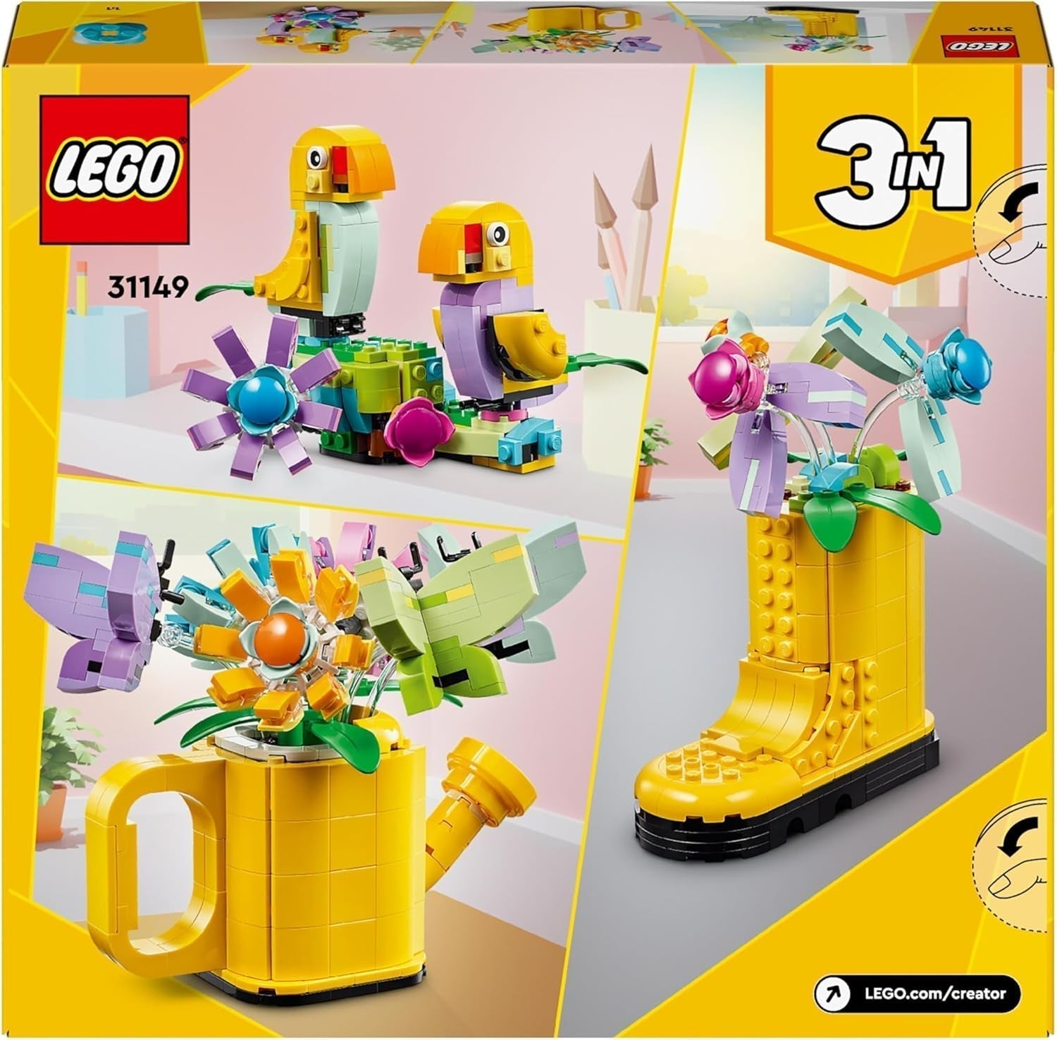 LEGO Creator Set de aspersores de flores 3 en 1, decoración de la habitación de los niños, construye un aspersor con un ramo de flores, botas de goma o 2 pájaros de juguete, regalo creativo para niñas y niños de 8 años 31149 Juegos de construcción Besuche den LEGO-Store
