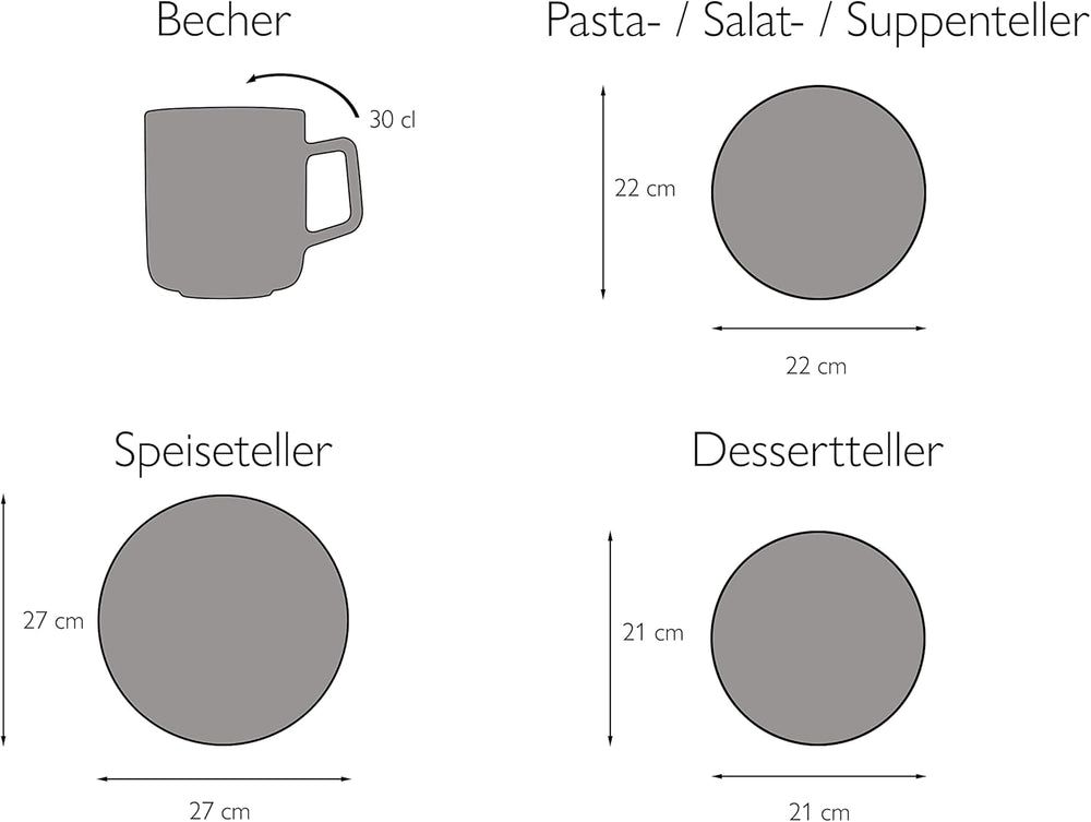 CreaTable, 20537, seria Vesuvio Black, set de veselă cu 16 piese, serviciu combinat din gresie, potrivit pentru mașina de spălat vase și cuptorul cu microunde, fabricat în Portugalia