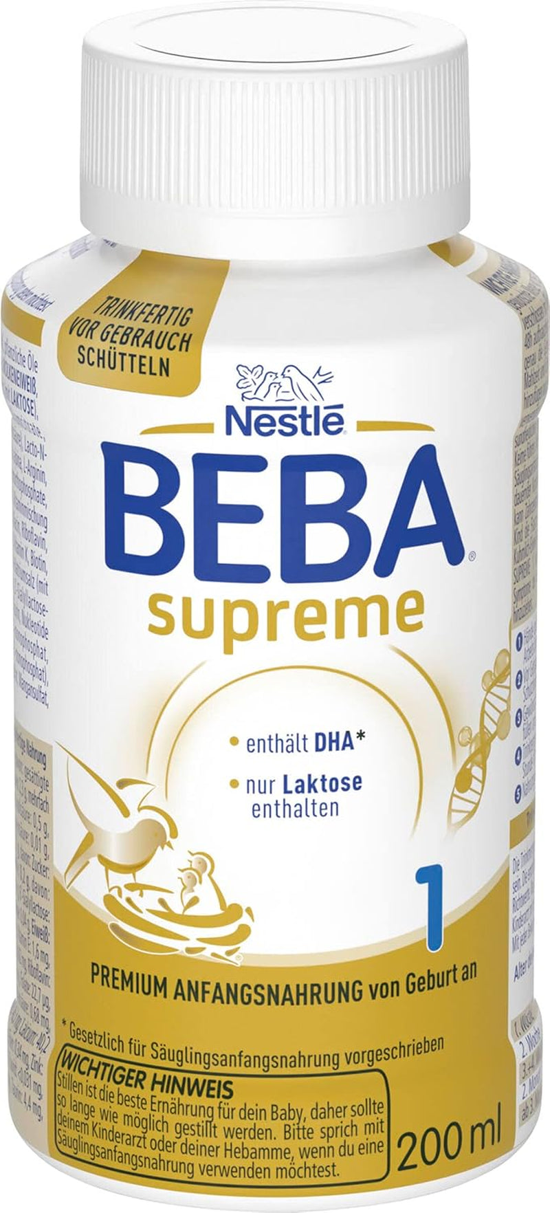 BEBA Nestlé BEBA SUPREME 1 Fórmula infantil: Biberones listos para beber con Omega 3, 1 paquete (1 x 200 ml)