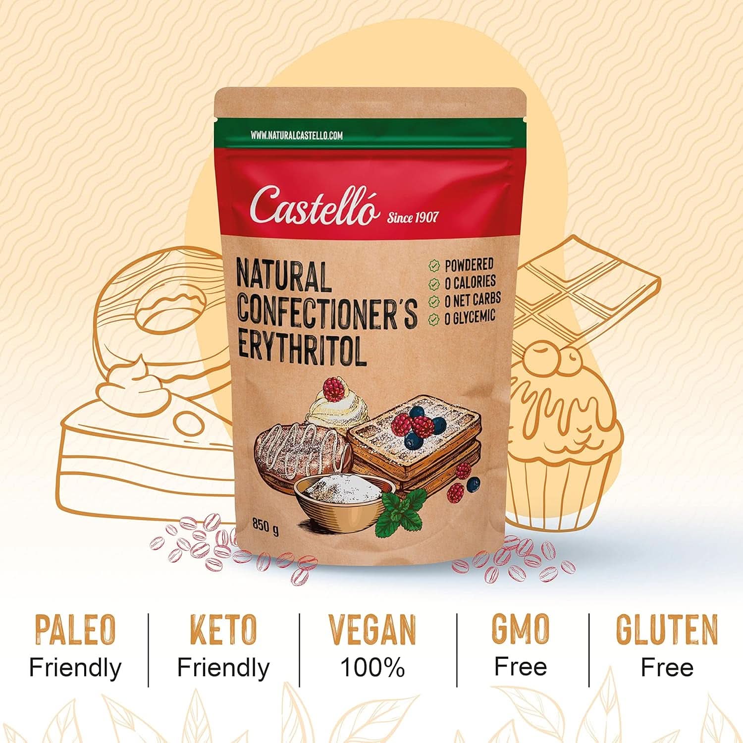 Eritritol natural - Azúcar glaseado | 10G = 7G azúcar, 850 gramos Edulcorantes Naty Shop