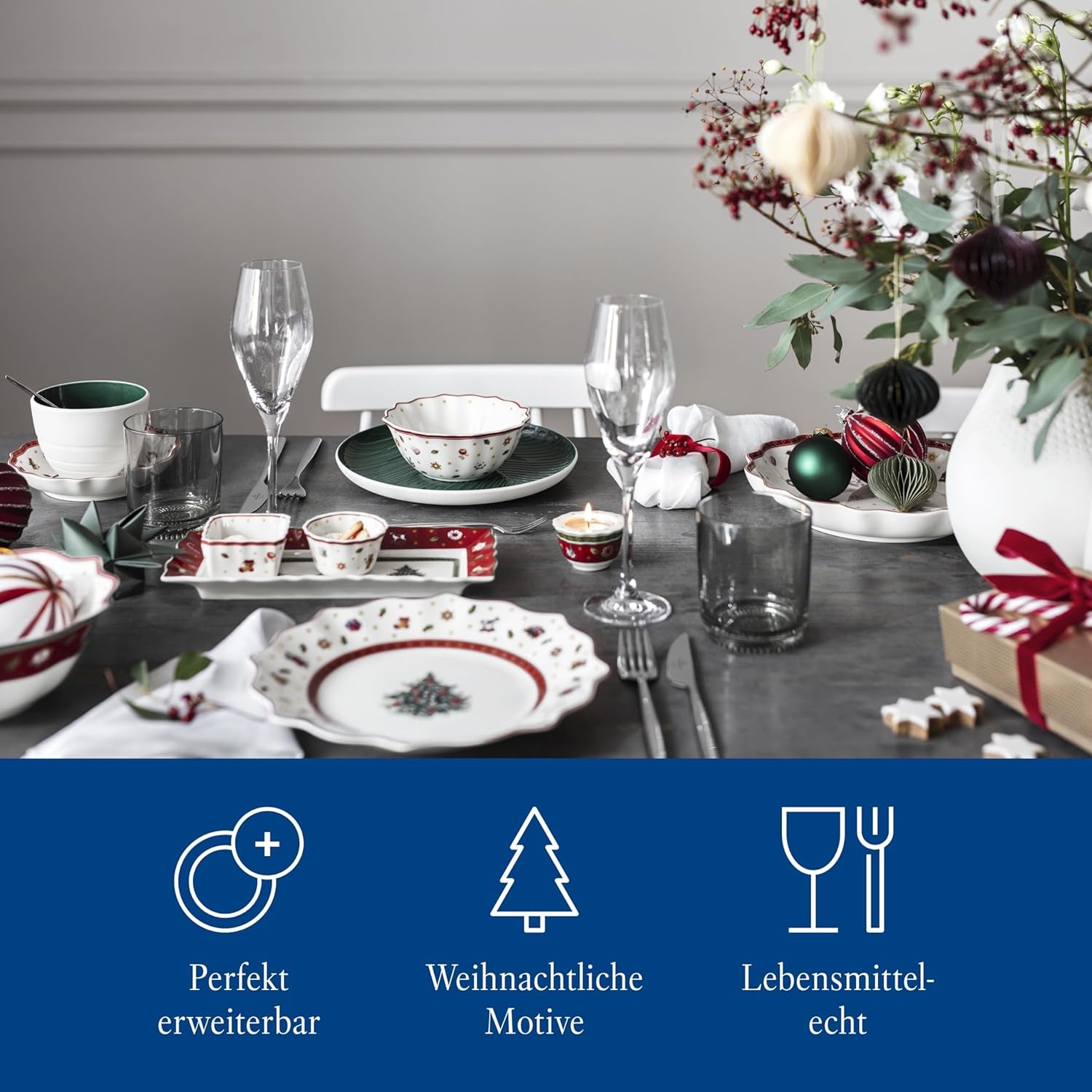 Villeroy & Boch - Set de sosuri Toy's Delight, 4 piese, Platou de servire cu boluri, Set de boluri pentru sos de Crăciun, Decorațiune de masă cu jucării, Tavă de servire, Boluri, Veselă de Crăciun, Porțelan Premium