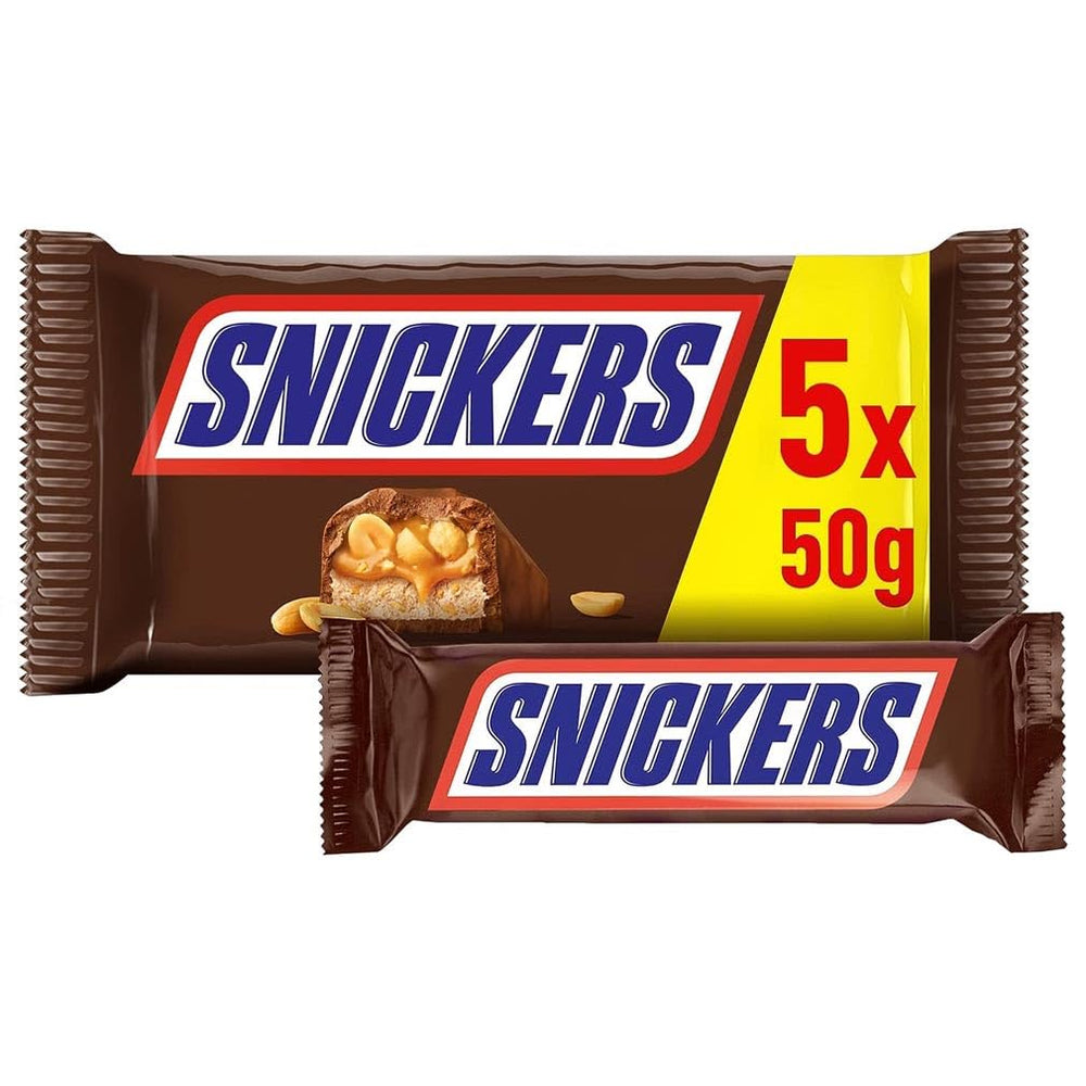 Snickers Chocolate Bar Cacahuete Caramelo Paquete de 5 barras | Merienda de fútbol | (1x5x50g)