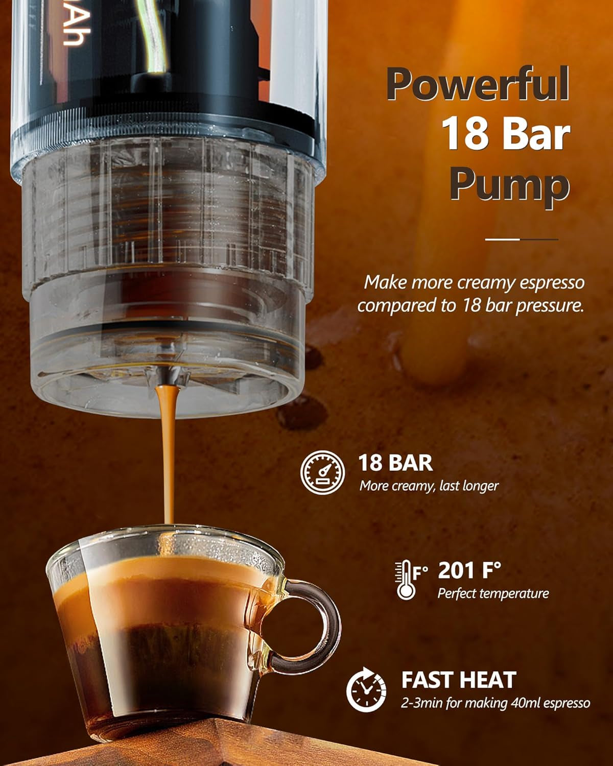 Espressor auto CONQUECO 12V: Espressor portabil cu baterie pentru camping și călătorii - Încălzire rapidă în 2,5 minute - 8 cești de espresso cu o singură încărcare