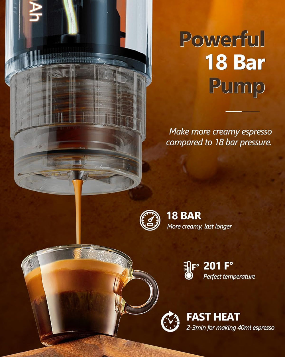 Espressor auto CONQUECO 12V: Espressor portabil cu baterie pentru camping și călătorii - Încălzire rapidă în 2,5 minute - 8 cești de espresso cu o singură încărcare