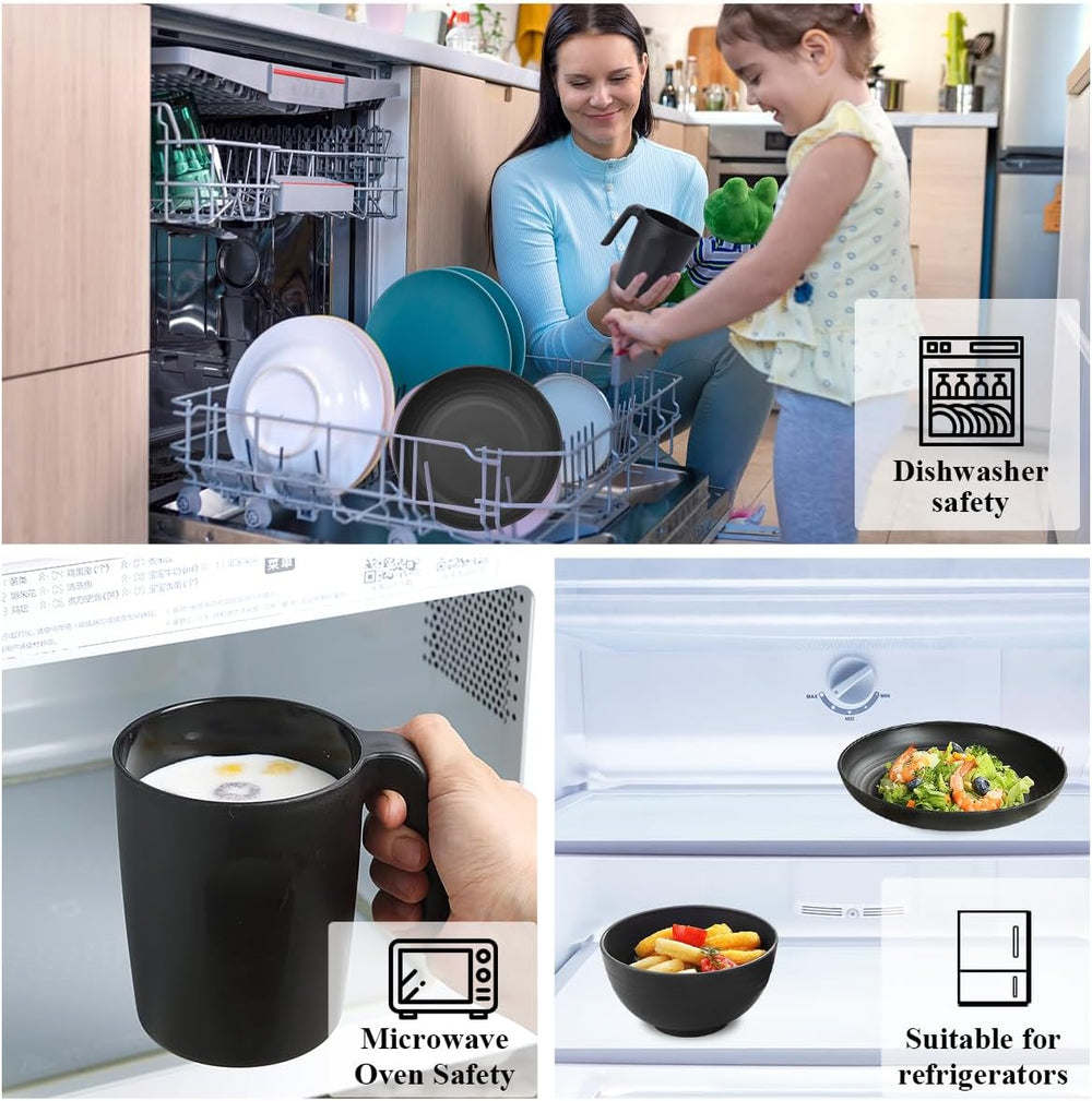 Set de veselă Berglander din plastic negru, 24 de piese pentru 6 persoane, farfurii și boluri reutilizabile, inclusiv farfurii de cină, farfurii de desert, boluri pentru cereale și cești pentru casă, grădină și picnicuri