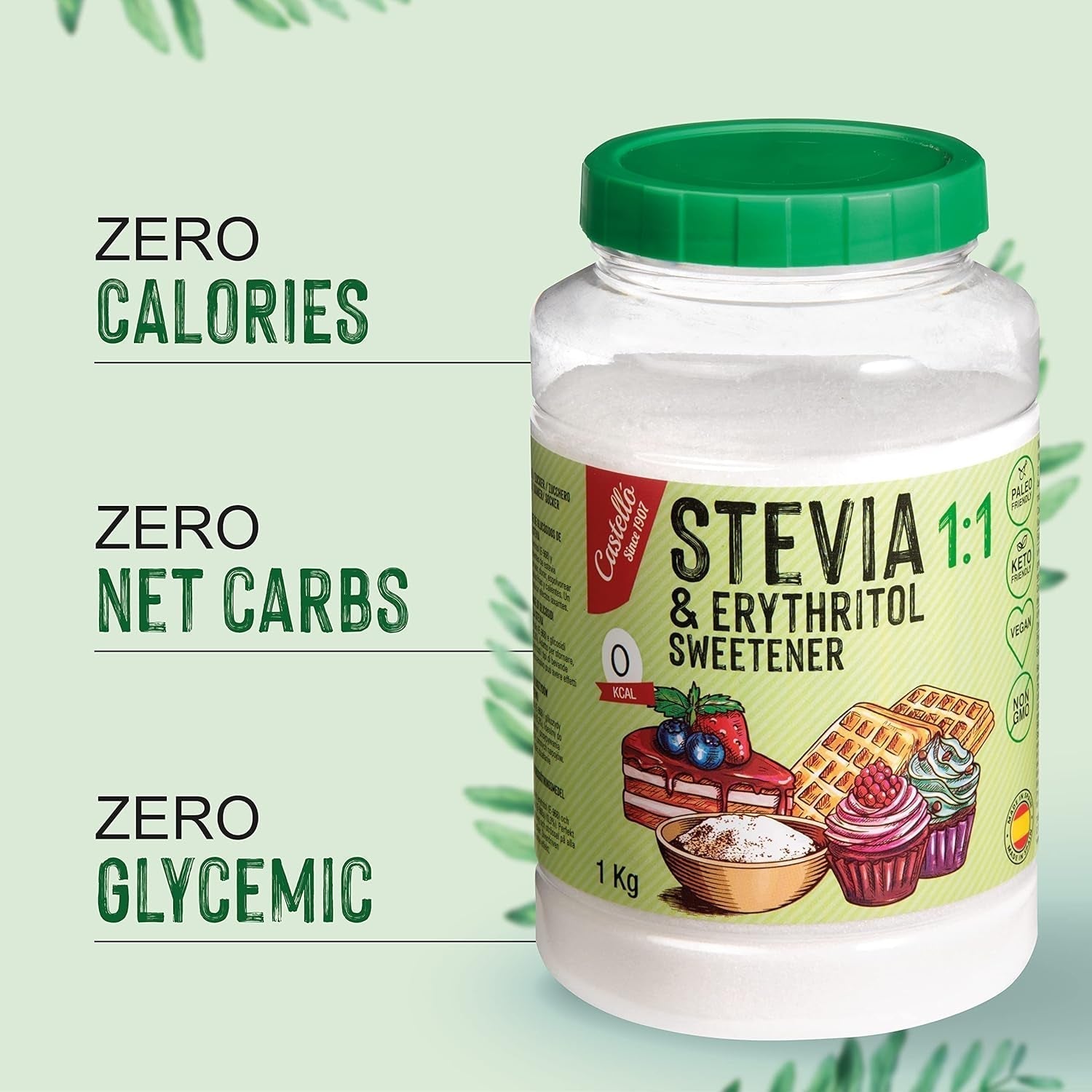 Stevia + Eritritol 1:1 Süßstoff | 1G = 1G Zucker | 100% Natürlicher Zuckerersatz - 0 Kalorien - 0 Glykämischer Index - Keto Und Paleo - 0 Netto-Kohlenhidrato - Kein GVO - Castello since 1907-1 Kg Edulcorantes Naty Shop