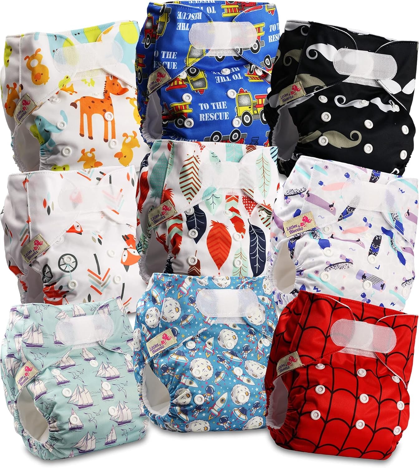 Littles and Bloomz Pañal reutilizable FLV2-0602, cierre de gancho y bucle estándar, 6 pañales