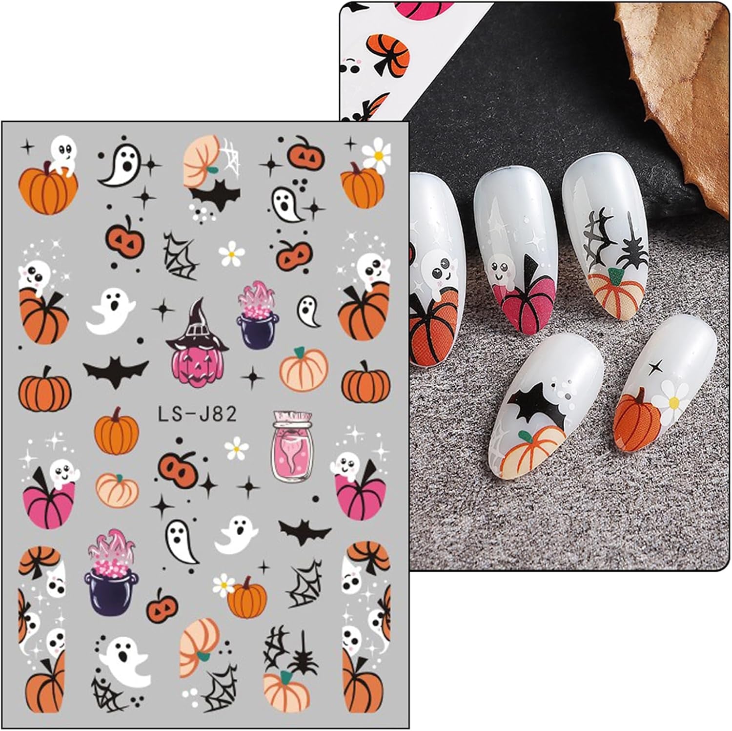 JMEOWIO Nagelsticker Halloween Süßer Geisterkürbis 9 Blatt Nail Art Sticker Selbstklebend Nagelaufkleber Dekoration Nageldesign Zubehör