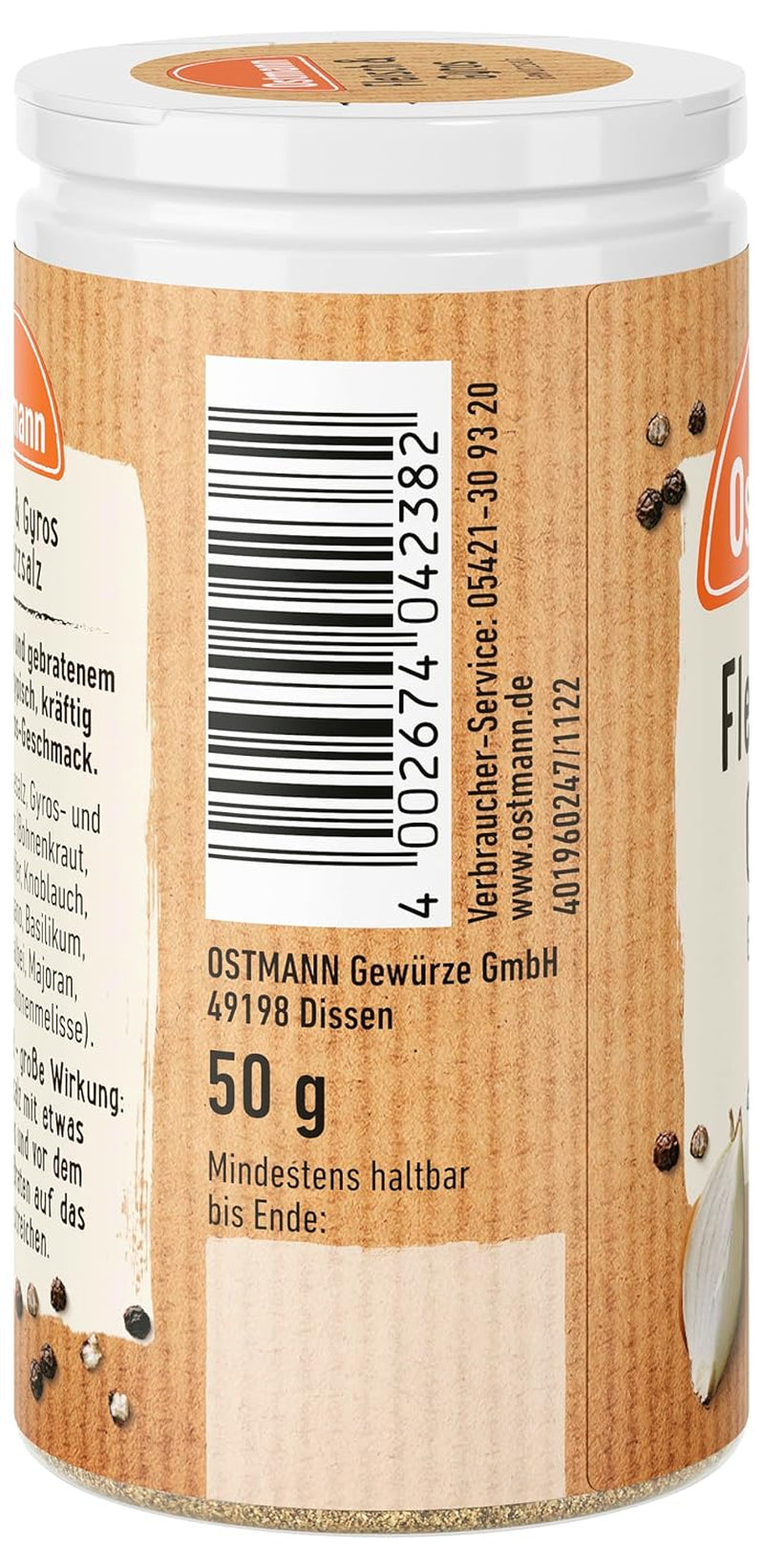 Ostmann Gewürze - Fleisch & Gyros Gewürzsalz | Pikantes Gewürz mit mediterraner Note für ggrilltes und gebratenes Fleisch | Mit praktischem Streuaufsatz | 50 g en un colador