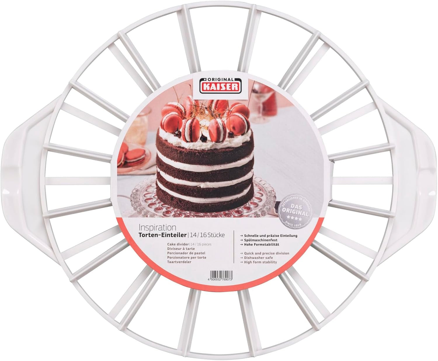 Separator de tort Kaiser Classic original, plastic, 31,5 cm, separator de tort pentru 14 sau 16 felii egale, separator de tort cu două fețe, alb