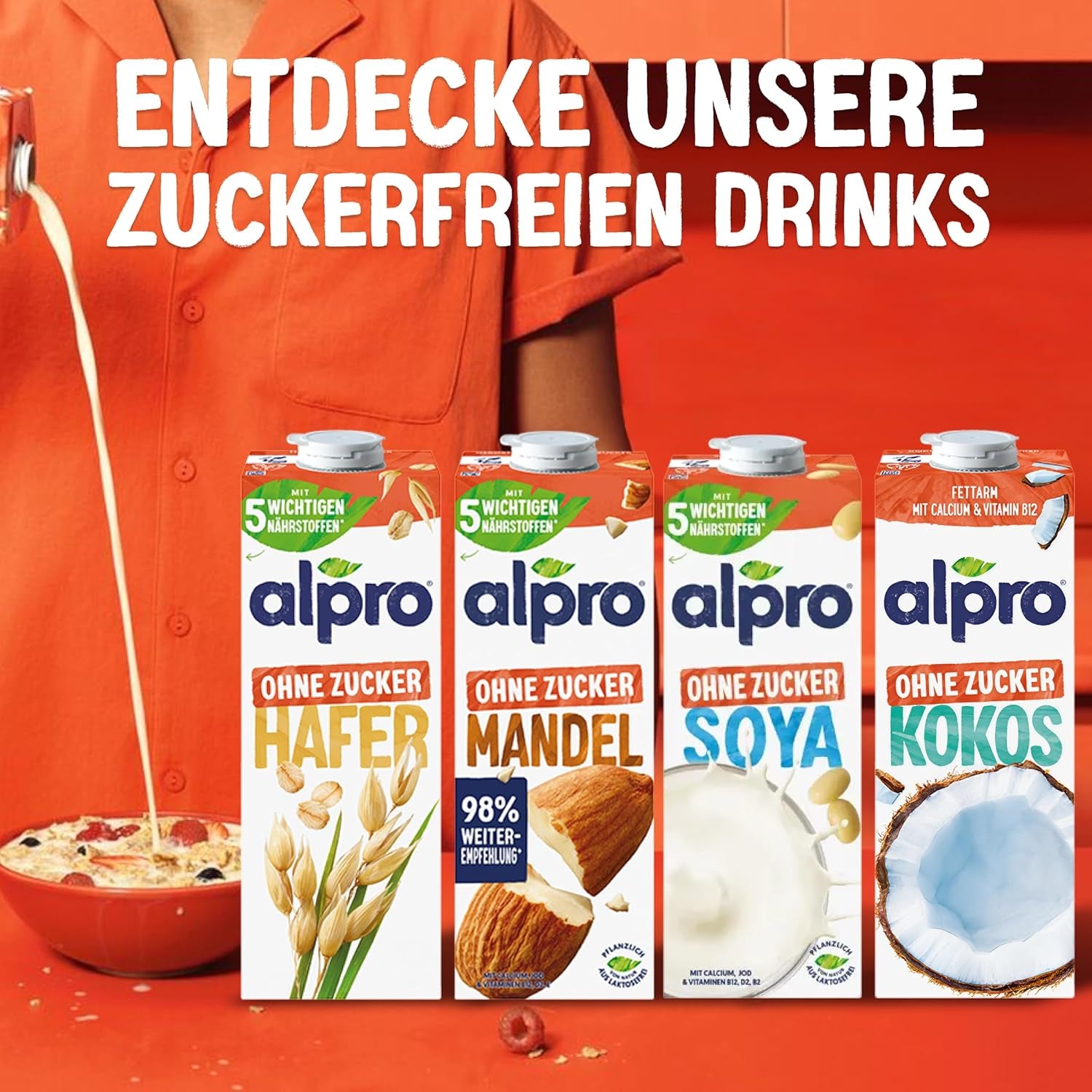 Alpro Haferdrink ohne Zucker – Milchalternative auf Haferbasis – Vegano y sin lactosa – Rico en sustancias balasto, calcio y vitaminas – 8 x 1 L