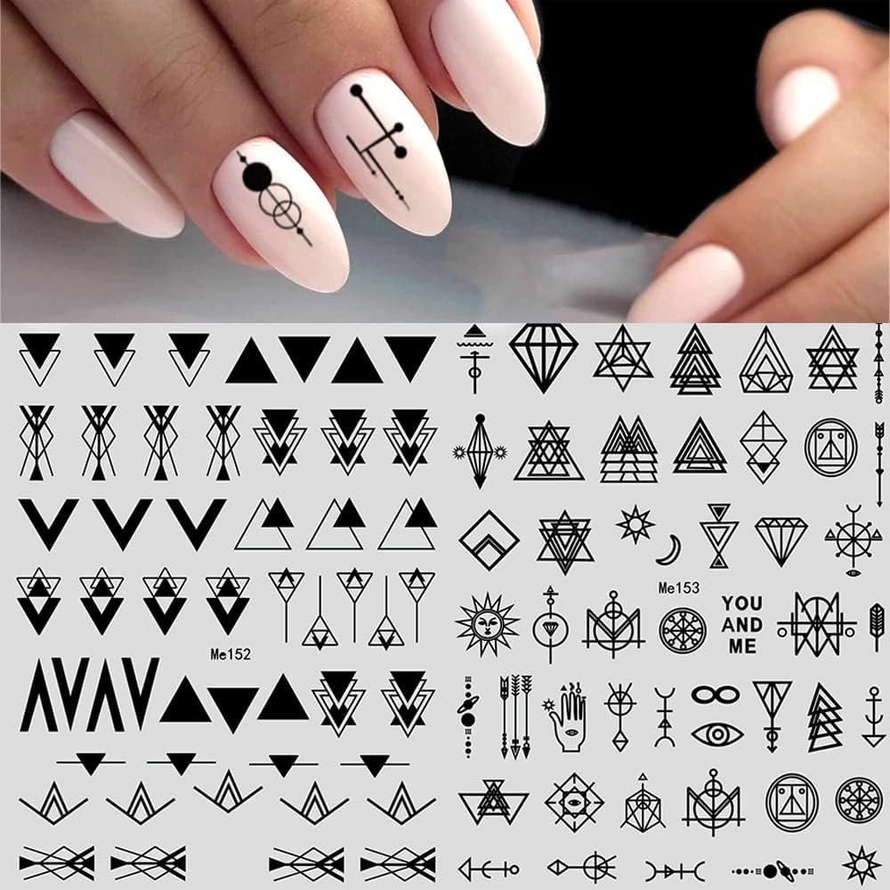 12 Blatt Nagelsticker Geometrisch Nagelaufkleber Selbstklebend Schwarz-Weißes Mysteriöses Dreieck Nail Art Sticker Dekoration Nageldesign Zubehör