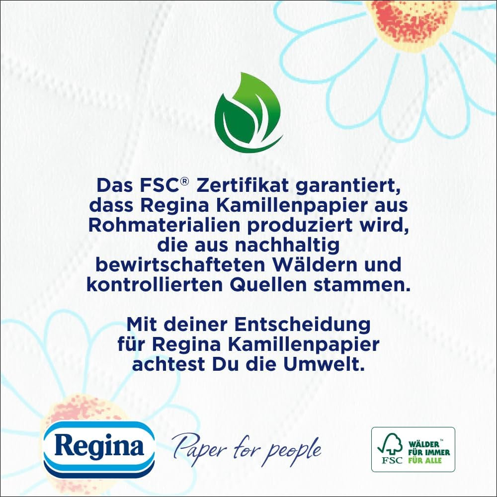 Hârtie igienică Regina Chamomile Paper 3 straturi - pachet de 16 role, 150 de foi pe rolă, moale și delicată cu aromă de mușețel și hârtie certificată Fsc