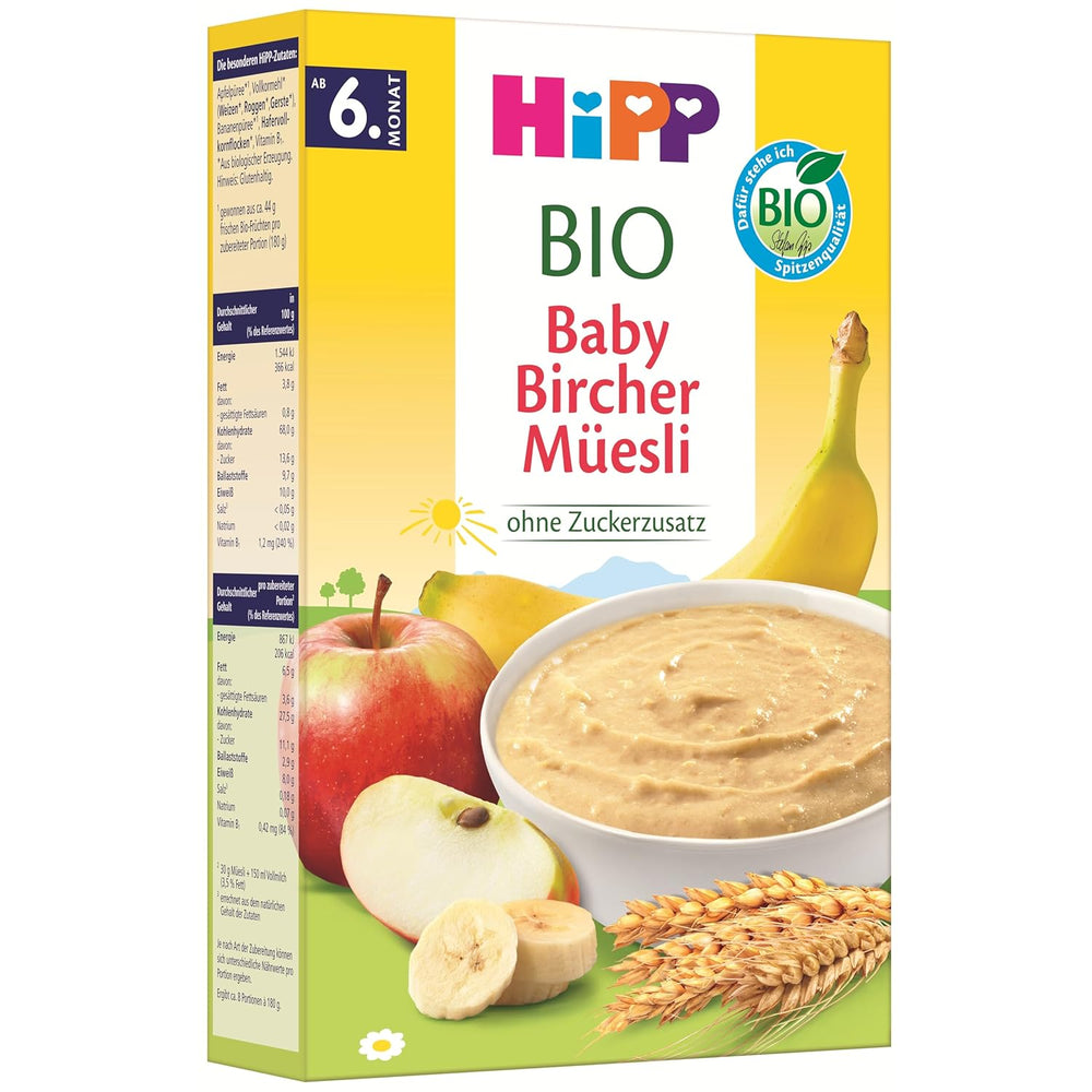 HiPP Muesli Bircher para bebés ecológicos (8 x 250 g), a partir de 6 meses, sin azúcar añadido, copos de cereales extra blandos - desayuno fácilmente digerible y de la mejor calidad ecológica