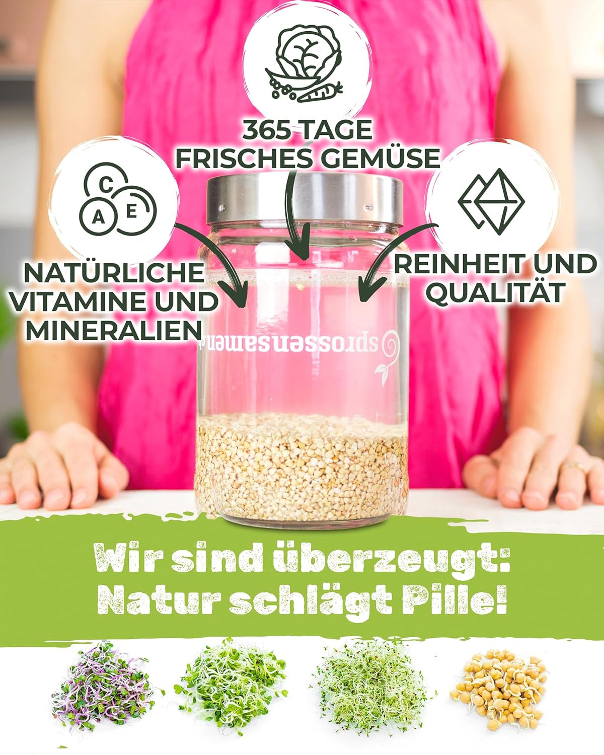 Juego de tarros de germinación de 3100 ml con set de regalo - Organic Fitness Mix, Power Mix y Detox Mix, 75 g cada uno - Tarro de germinación - incl. tapa de frasco, soporte y colador