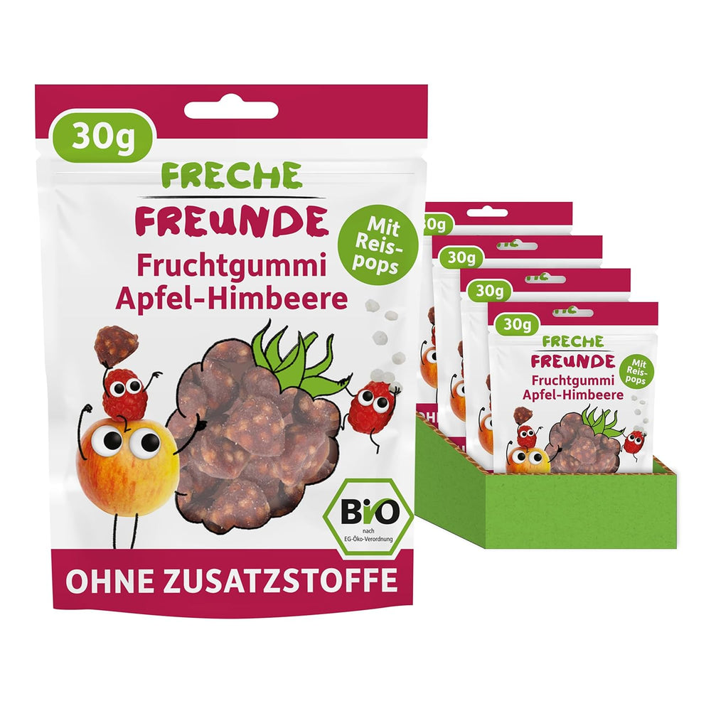 FRECHE FREUNDE Jaleas de frutas orgánicas, piruletas de manzana, frambuesa y arroz, snack dulce afrutado para niños, sin gluten, vegano, paquete de 20 (20 x 30 g)