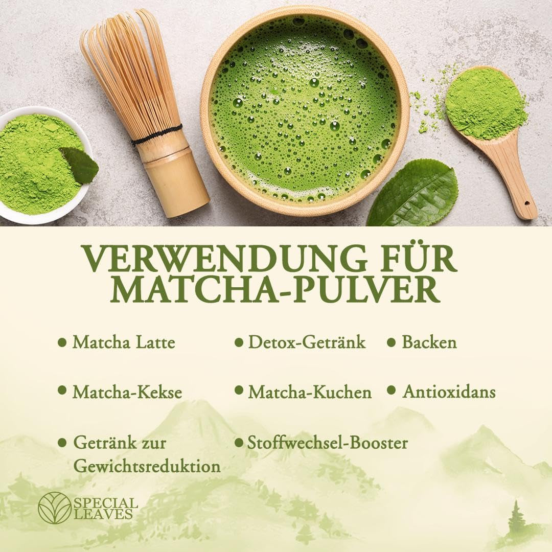 Pudră Matcha - 90 g - 100% naturală și măcinată fin - Pentru ceai și Matcha Latte - Fără aditivi - Calitate superioară din tradiția japoneză a ceaiului - Ceai verde premium de la Special Leaves