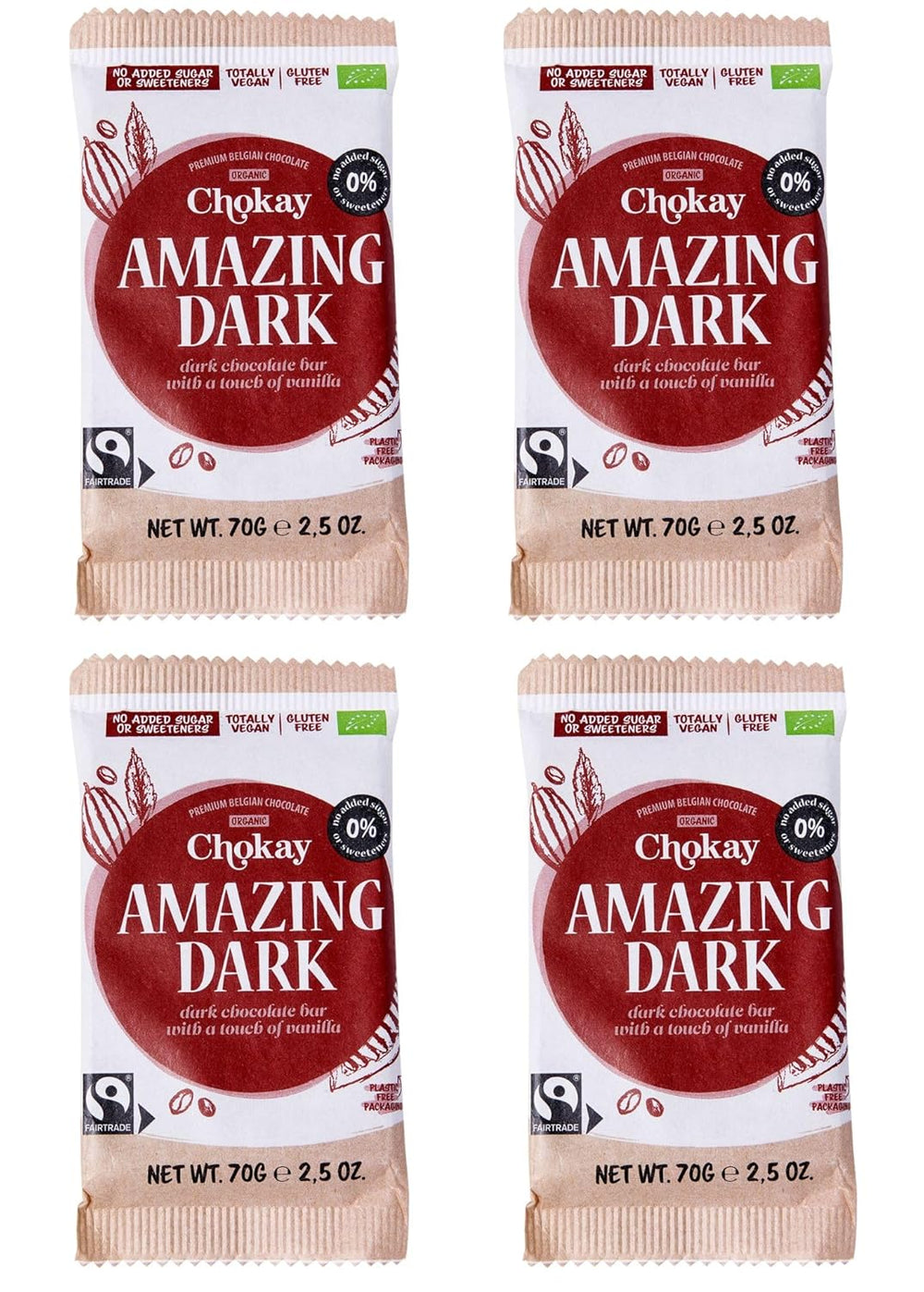 Barra orgánica - Juego de muestras de 4 piezas/Increíble negro, avellana, caramelo de nuez, almendra salada/Sin azúcar añadido, sin edulcorantes/VEGANO, SIN GLUTEN Y COMERCIO JUSTO / 4 x 70 g