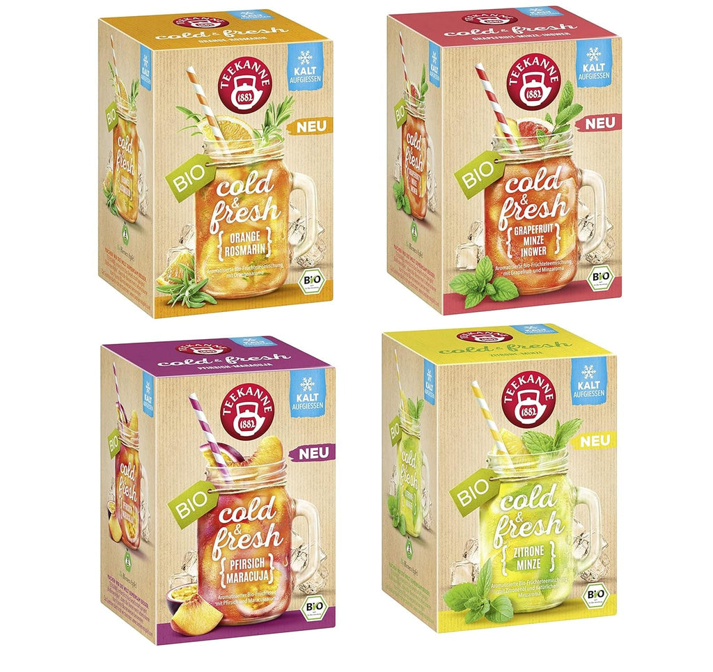 Teekanne Cold &amp; Fresh BIO 4Er Mix - Cu noile sortimente lămâie-mentă, piersică-maracuja, portocală-rozmarin, grapefruit-mentă-ghimbir (4 X 45G)