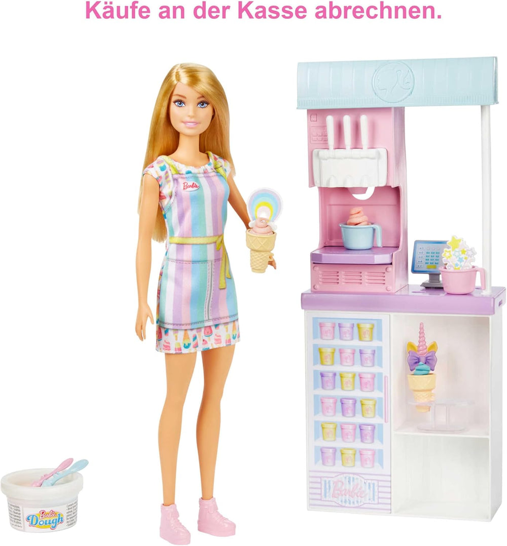 Seria Barbie You Can Be Anything, Salon de înghețată, 1x Păpușă Barbie cu păr blond, Mașină de înghețată, Barbie Play-Doh, Accesorii de copt, Cadou pentru copii, Jucărie pentru vârsta de 3 ani și peste, HCN46