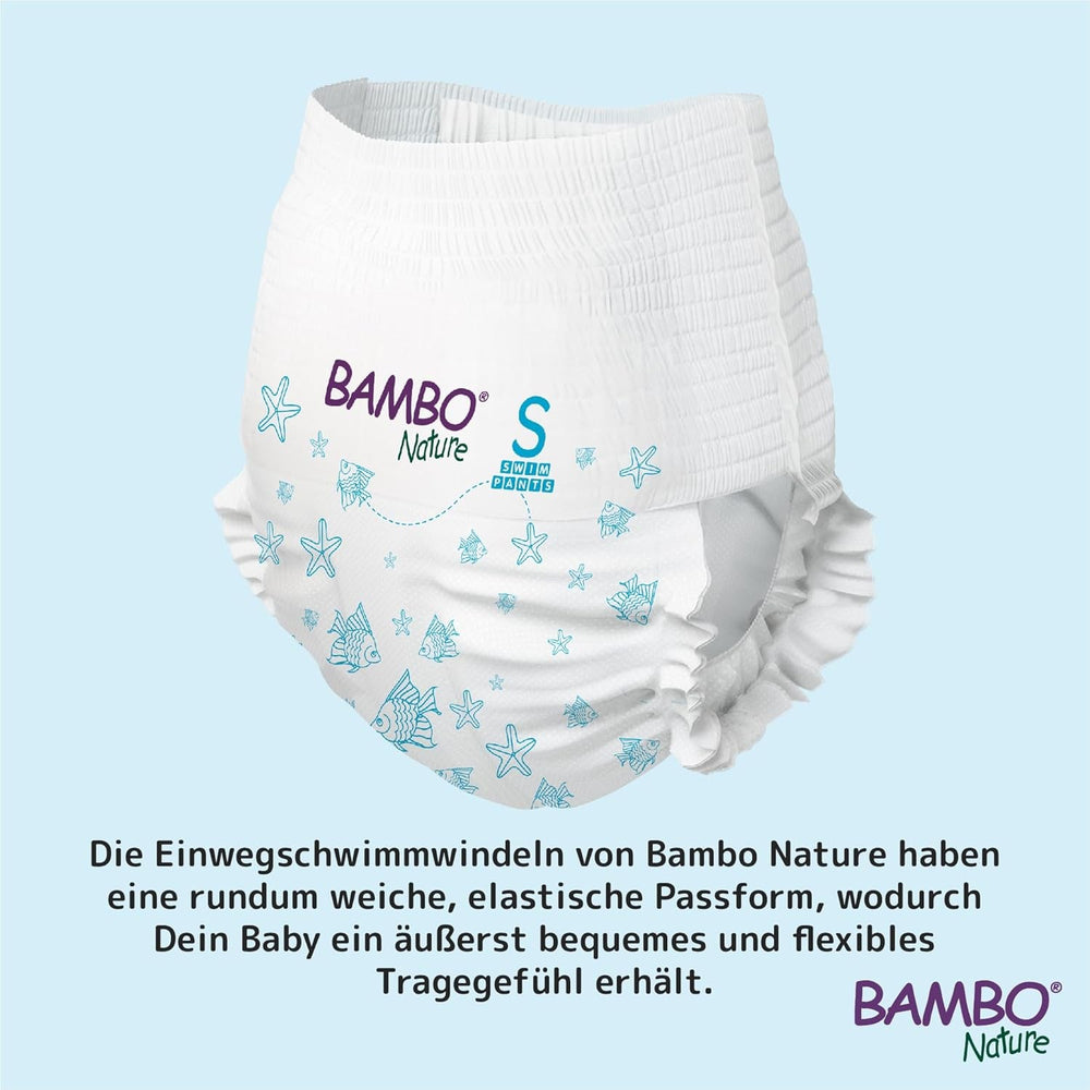 Scutece de înot Bambo Nature pentru bebeluși, mărimea S (7-12 kg), 12 scutece | Scutece de înot de unică folosință cu fixare sigură | Confort etanș în timpul jocului în apă