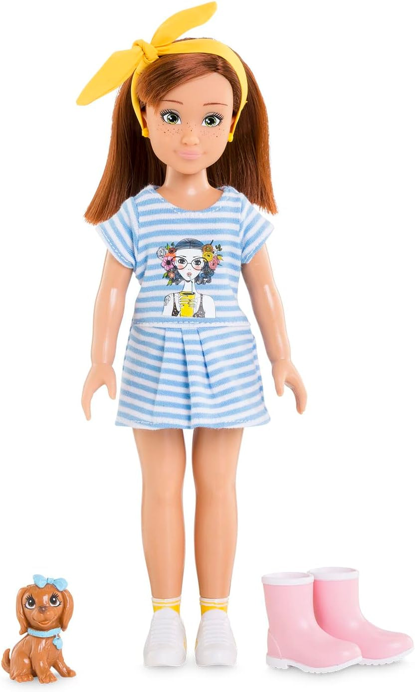 Corolle 9000600030 - Conjunto Luna Einhorn para niña, puppe de tobillo en traje de verano con perro, cinta para el pelo, anillos y gomas extra, puppe de 28 cm con Vanilleduft, de 4 años