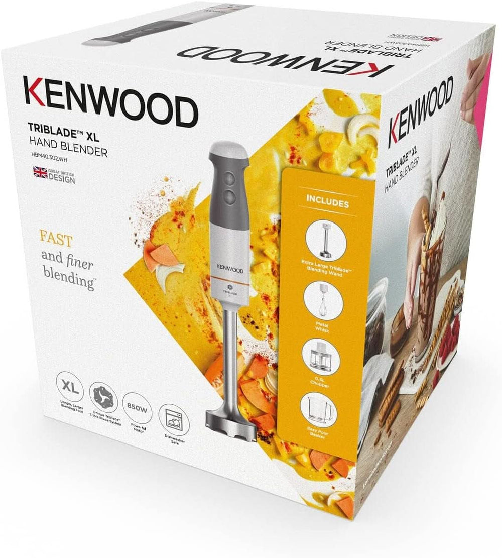 Kenwood Stabmixer HBM40.302WH, Triblade System Mit 3 Klingen, 1 Geschwindigkeit + Turbo, Metallstab 20 Cm, Inklusive Schneebesen, Messbecher, Zerkleinerer 0,5 L, 850 W, Weiß Mama si Copilul Naty Shop