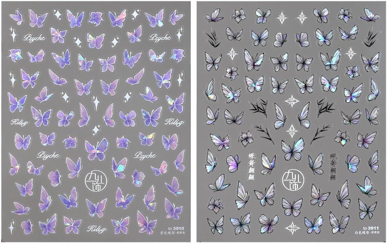 2 Blätter Schmetterling Nagelsticker Selbstklebend,Muschel Glitzer Nail Art Butterfly Nail Sticker Lila Grau Schmetterlinge Nagelaufkleber Relief Laser Butterflies Nagel Sticker Nageldesign Zubehör