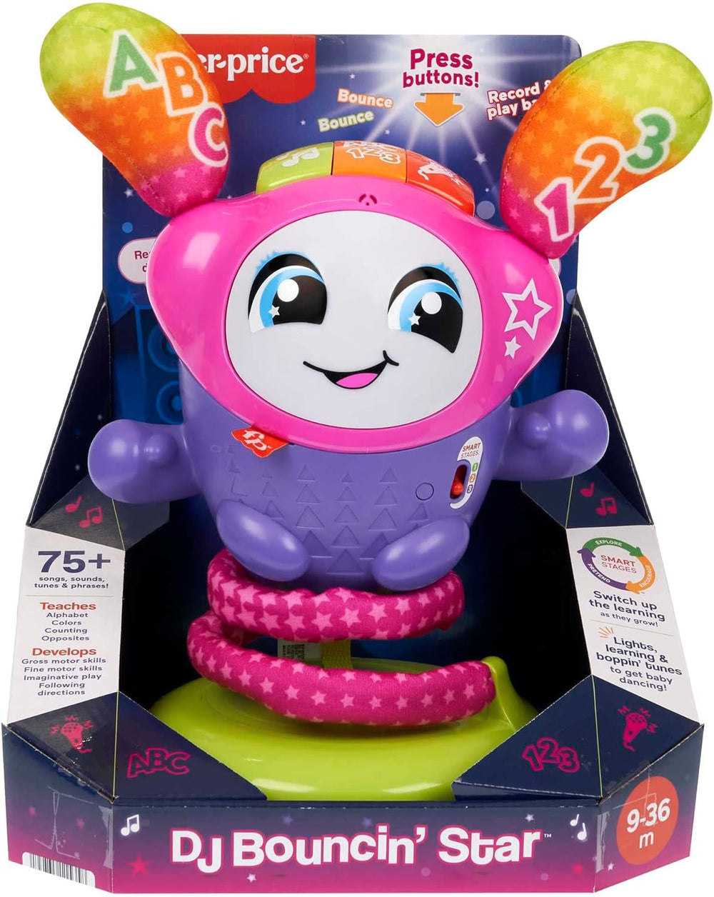 Fisher-Price DJ Bouncin' Star Baby Toys | Jucării educative pentru băieți și fete de 1 an | Cadouri pentru copii de 1 an | Jucării interactive pentru fete și băieți de 1 an | Versiunea în limba engleză 9-36m, HRC48 Jucarii Bebe Naty Shop