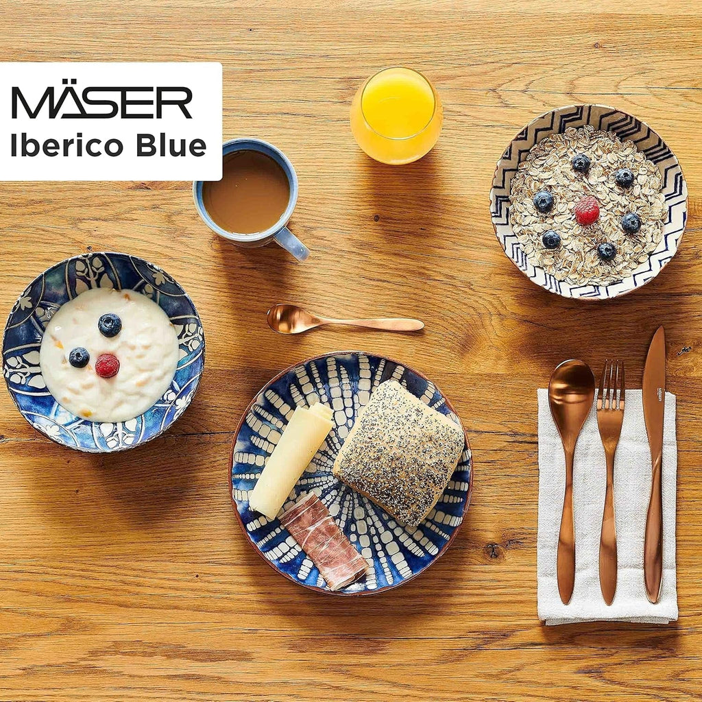 MÄSER 934017 Iberico Blue 12-Teiliges Tafelservice Für 4 Personen Im Maurischen Stil, Teller Set Mit Verschiedenen Vintage Mustern in Weiß Und Blau, Steinzeug Seturi vesela masa Naty Shop