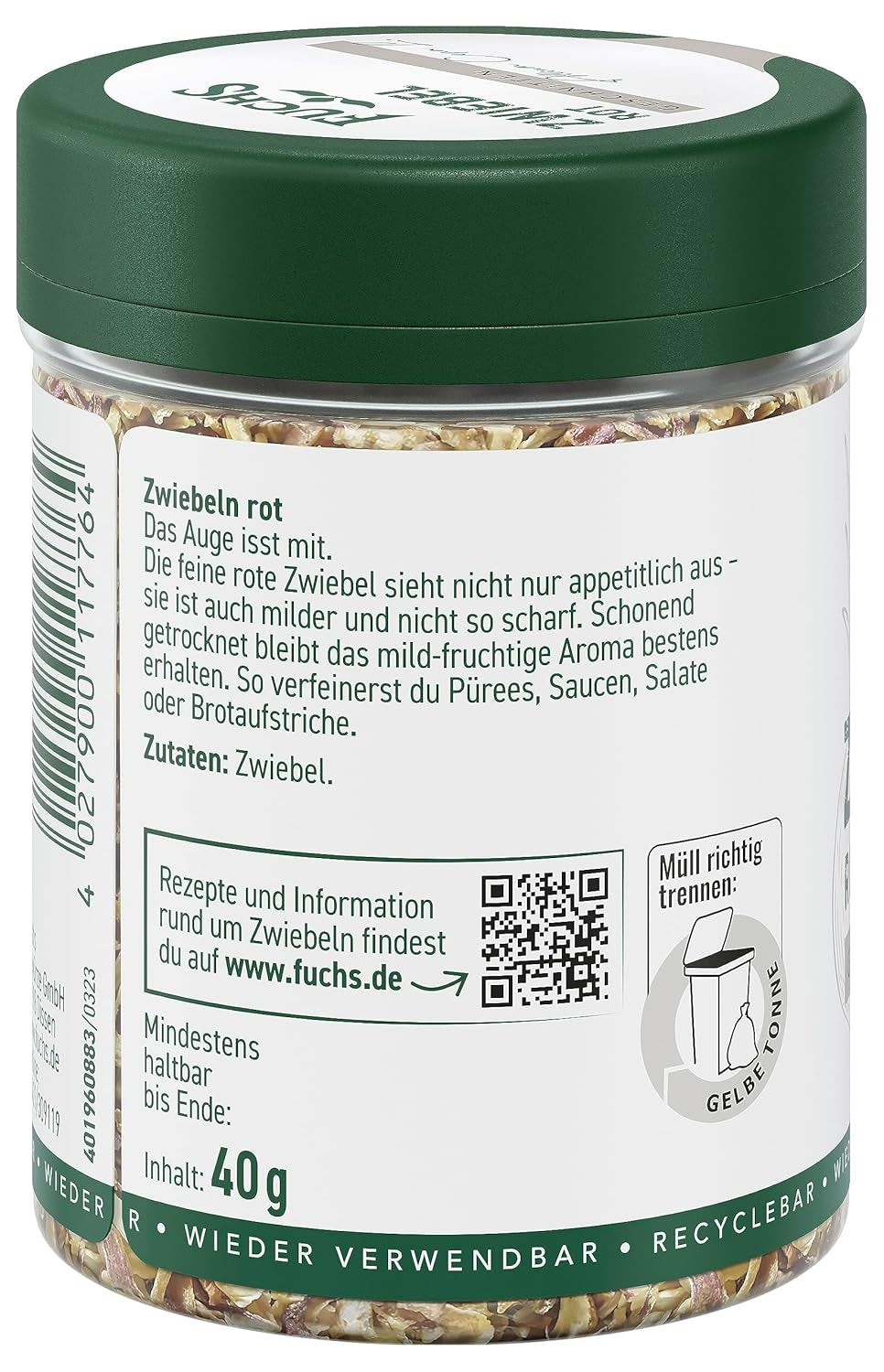 Fuchs Gewürze - Zwiebel rot geschnitten - Gewürz für Pürees, Salad oder Brotaufstriche - ingredientes naturales - 40 g en wiederverwendbarer, recyclebarer Dosis