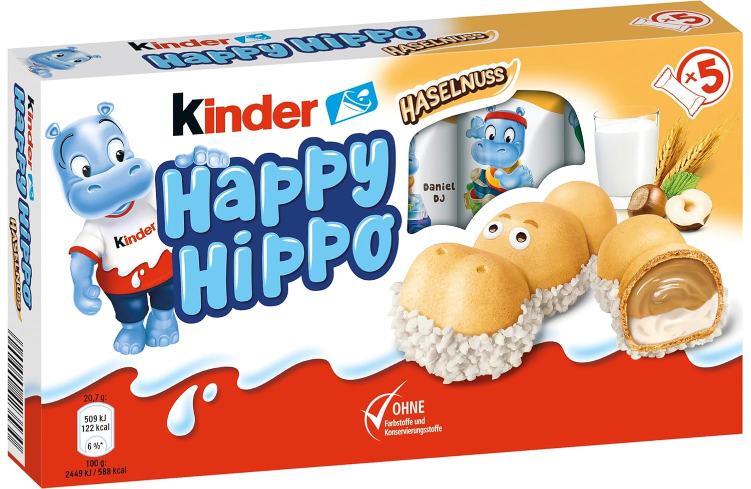 Kinder Happy Hippo Avellana - Obleas Crujientes Especiales con Leche y Crema de Avellanas - Dulces de Carnaval y Mardi Gras - 1 paquete que contiene 5 barritas individuales de 20,7g cada una
