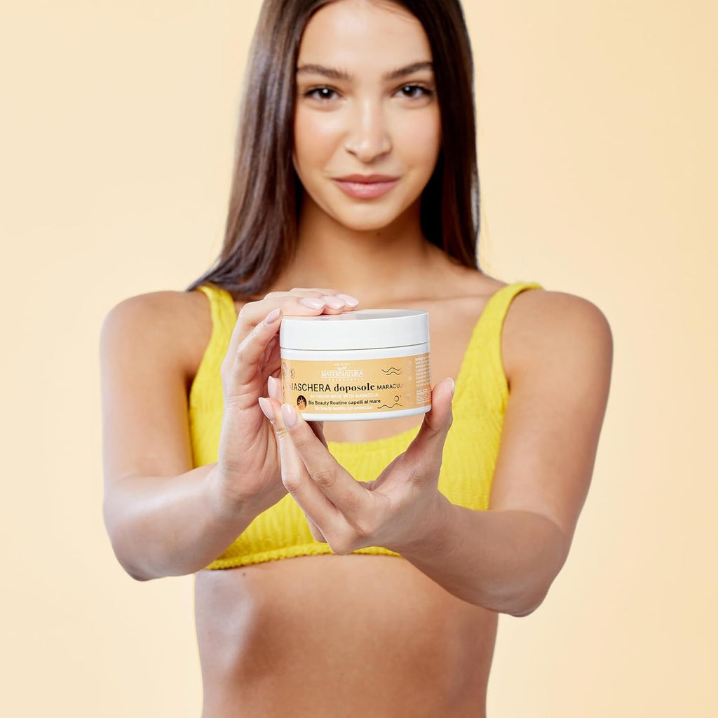 Maternatura, mască aftercare cu fructul pasiunii, hidratează și conferă elasticitate părului după expunerea la soare, rutină de frumusețe organică pentru părul de plajă, certificată organic, Made in Italy - 200 ml Masca de par Naty Shop