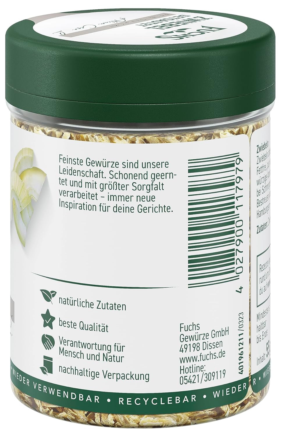 Fuchs Gewürze - Zwiebel getostat - Zwiebeln für Dips, Schmorgerichte oder Hamburger finamente picado - Ingredientes naturales - 55 g en wiederverwendbarer, recyclebarer Dosis