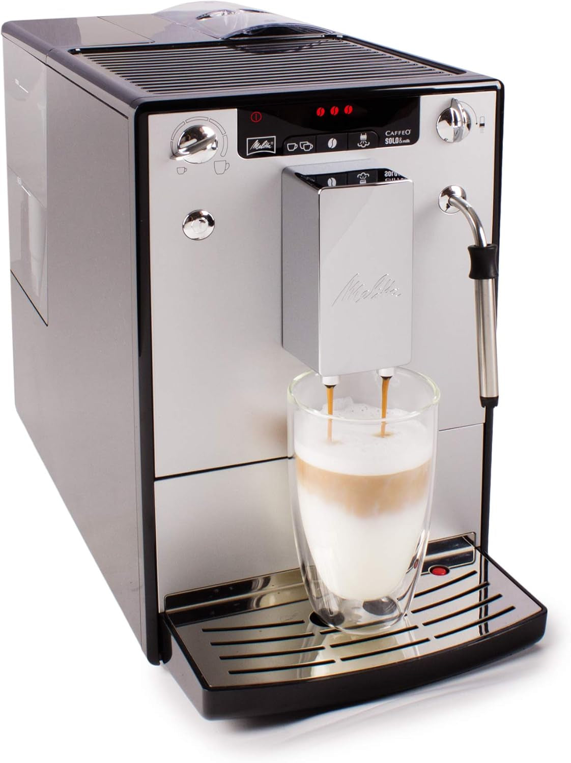 Melitta Solo & Milk - aparat de cafea subțire complet automat cu spumator de lapte, aparat de cafea cu rezervor de apă detașabil, de exemplu cafea sau cappuccino, argintiu