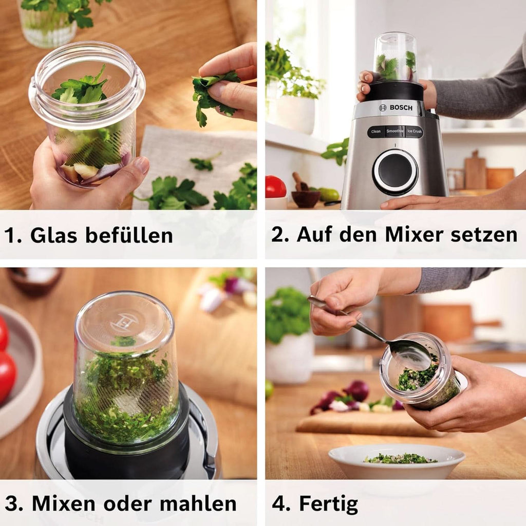 Bosch Standmixer Vitapower Serie 4 MMB6177S, Edelstahl-Klingen Made in Germany, 1,5L Thermosafe Glasbehälter, 0,6L To-Go-Flasche, Stopfer, Universalzerkleinerer, 30,000 U/Min, 1200 W, Silber Bucatarie Naty Shop