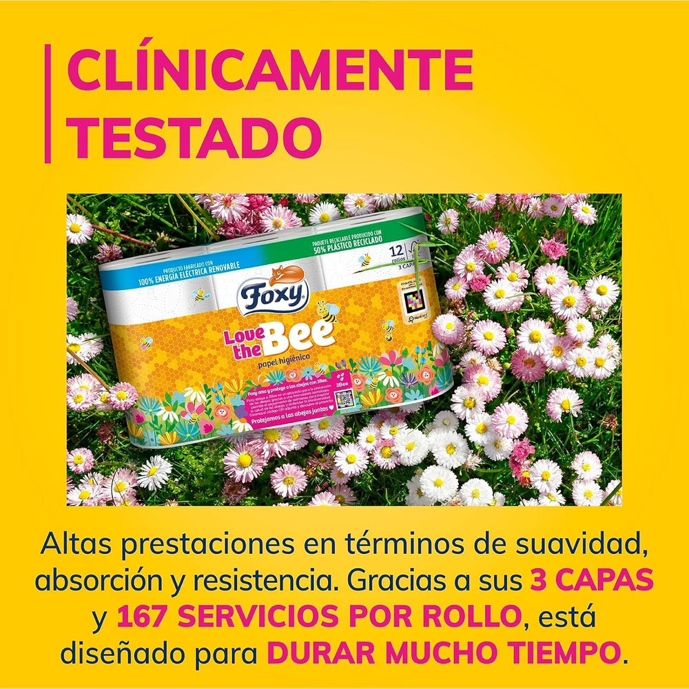 Love the Bee | Hârtie igienică cu 3 straturi | 48 role | 167 servicii pe rolă | Certificată Fsc | Energie electrică 100% regenerabilă | Ambalaj reciclabil fabricat din plastic reciclat