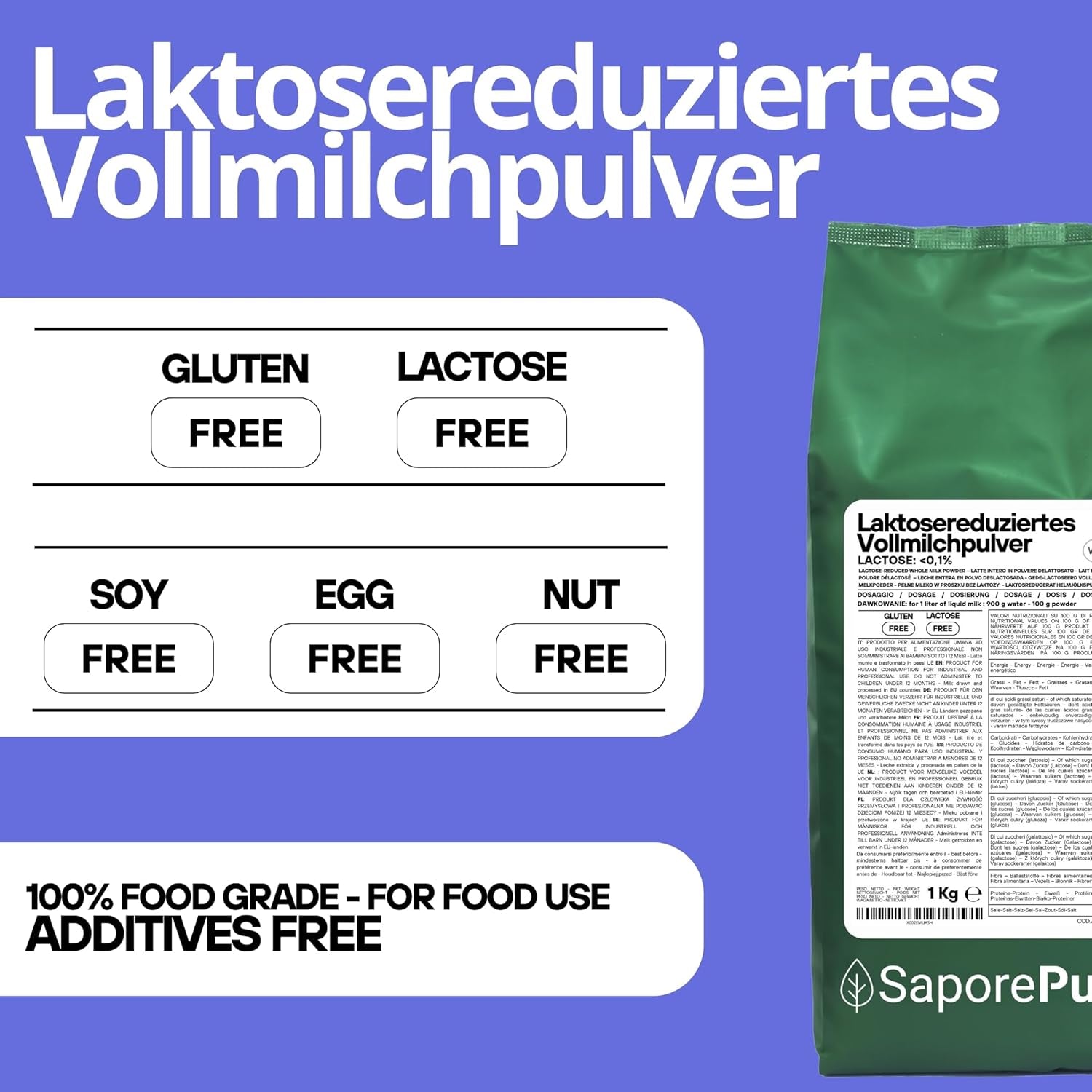 Laktosefreies Vollmilchpulver 1 kg | Hohe Löslichkeit | Ideal para repostería, pan y alimentación Uso profesional e industrial Sin lactosa Sin gluten